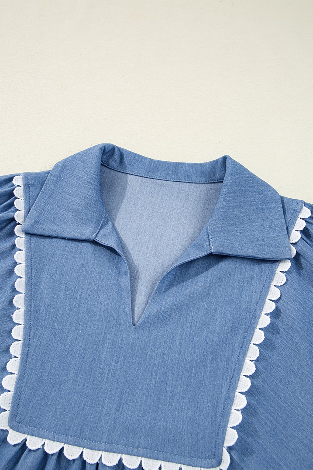 Dusk Blue Lace Ric Rac 3/4 Puff Sleeve Collared Babydoll Blouse