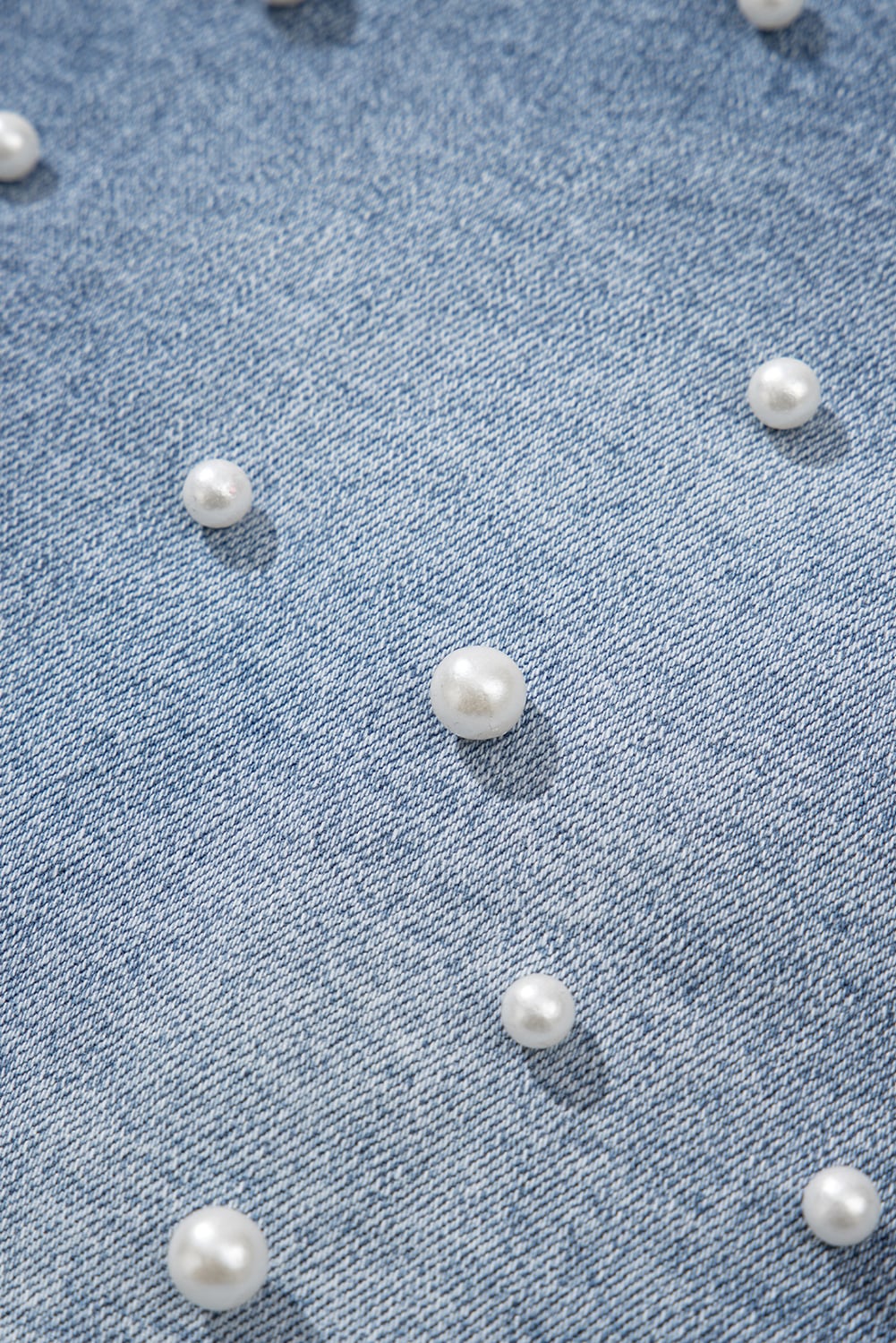 Dusk Blue Pearl Beaded Raw Hem Medium Wash Denim Shorts
