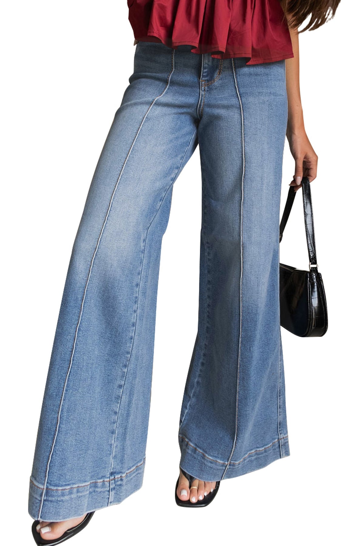 Dusk Blue Piping Seam Detail Flare Leg Pocket Jeans