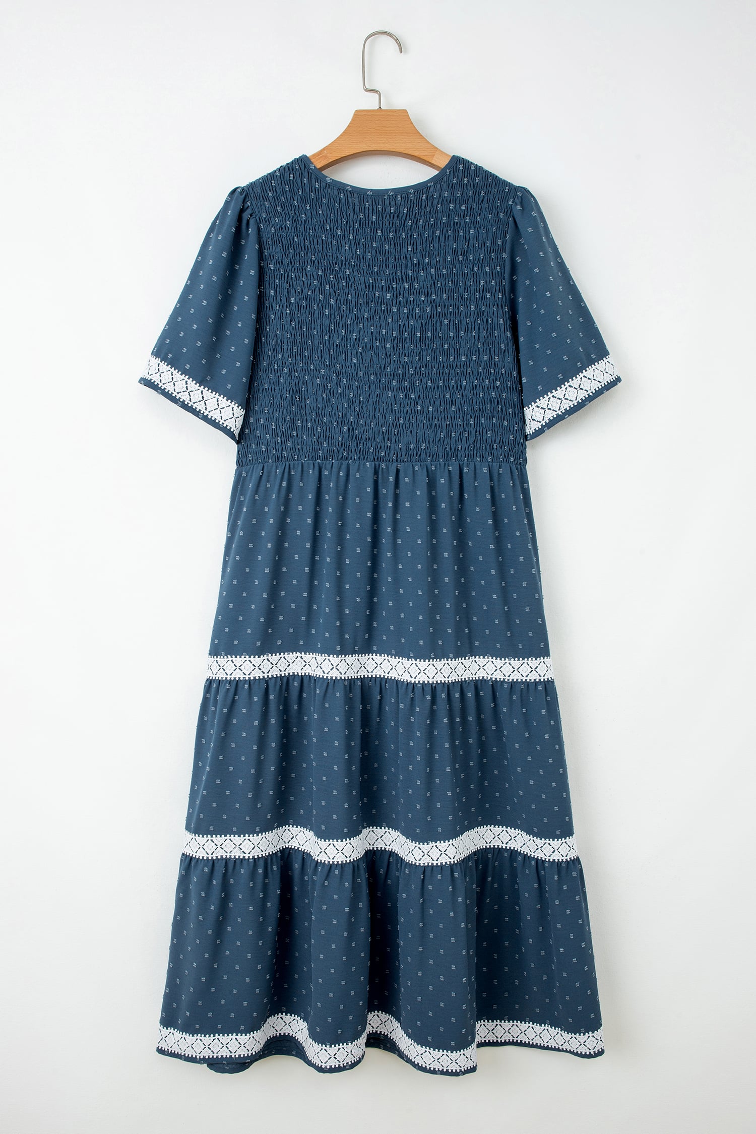 Dusk Blue Plus Size V Neck Swiss Dot Lace Patchwork Detail Flared Midi Dress