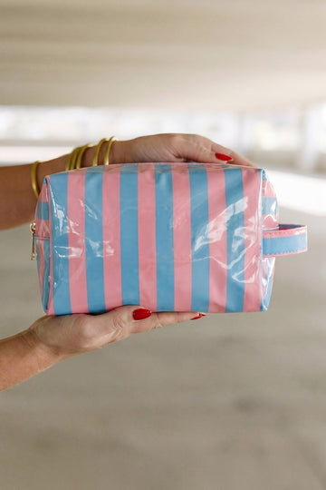 Dusk Blue PVC Striped Cosmetic Bag Durable Zipper Handle Travel Organizer