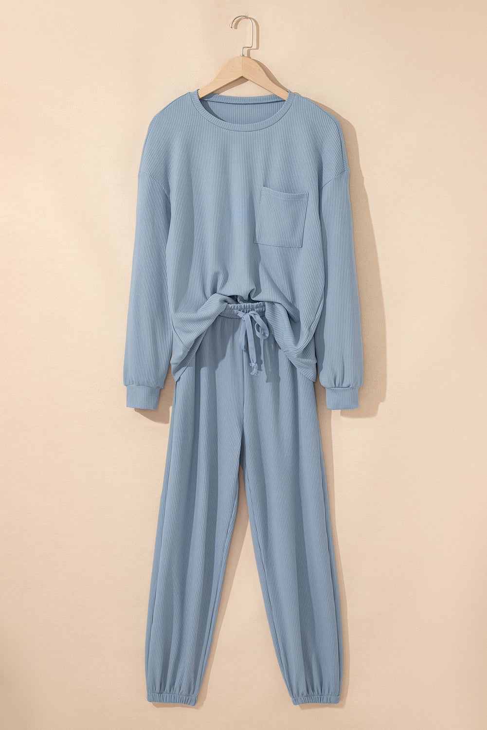 Dusk Blue Solid Color Ribbed Loose Long Sleeve Top Casual Pant Set