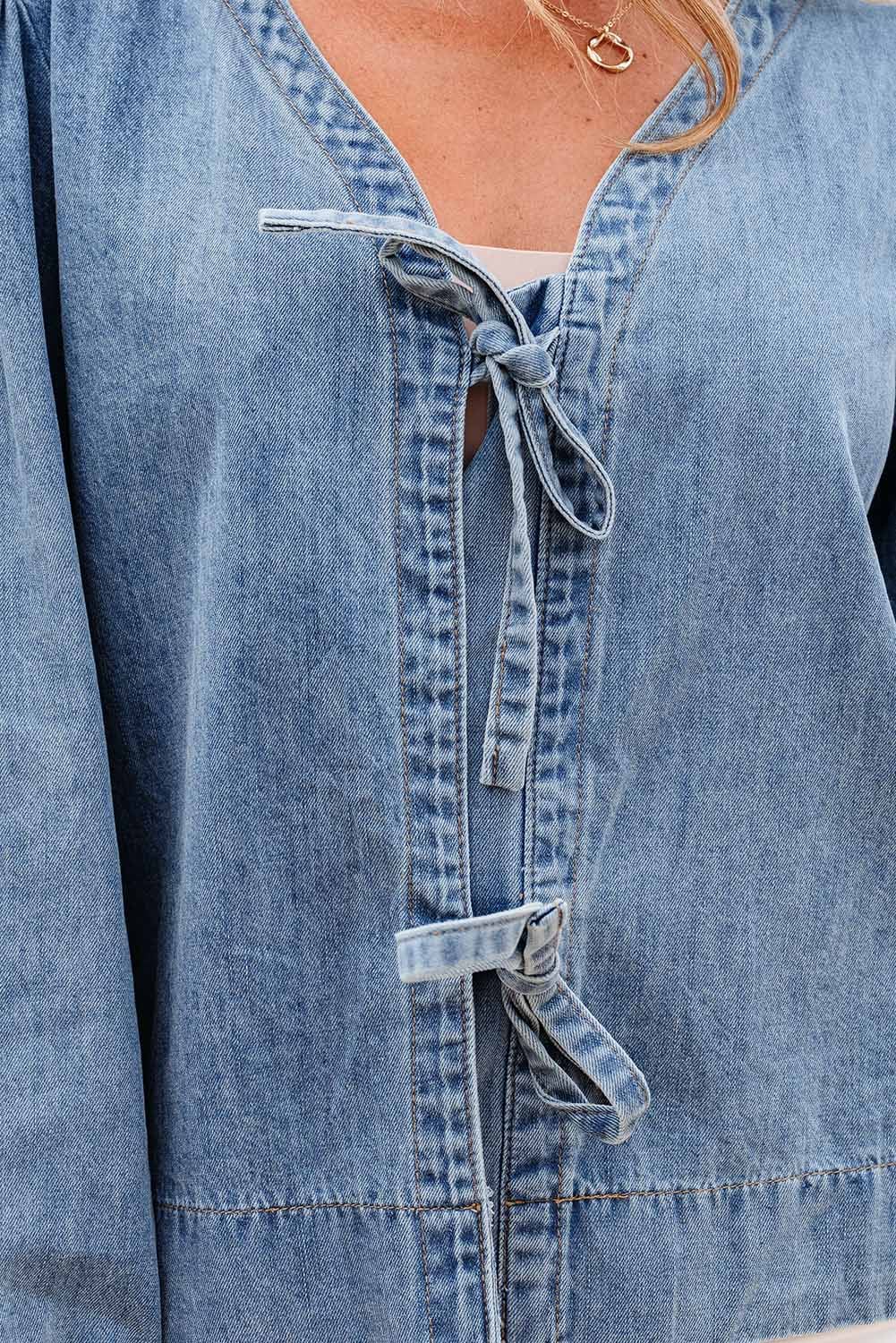 Dusk Blue Tied Front Long Puff Sleeve Denim Top