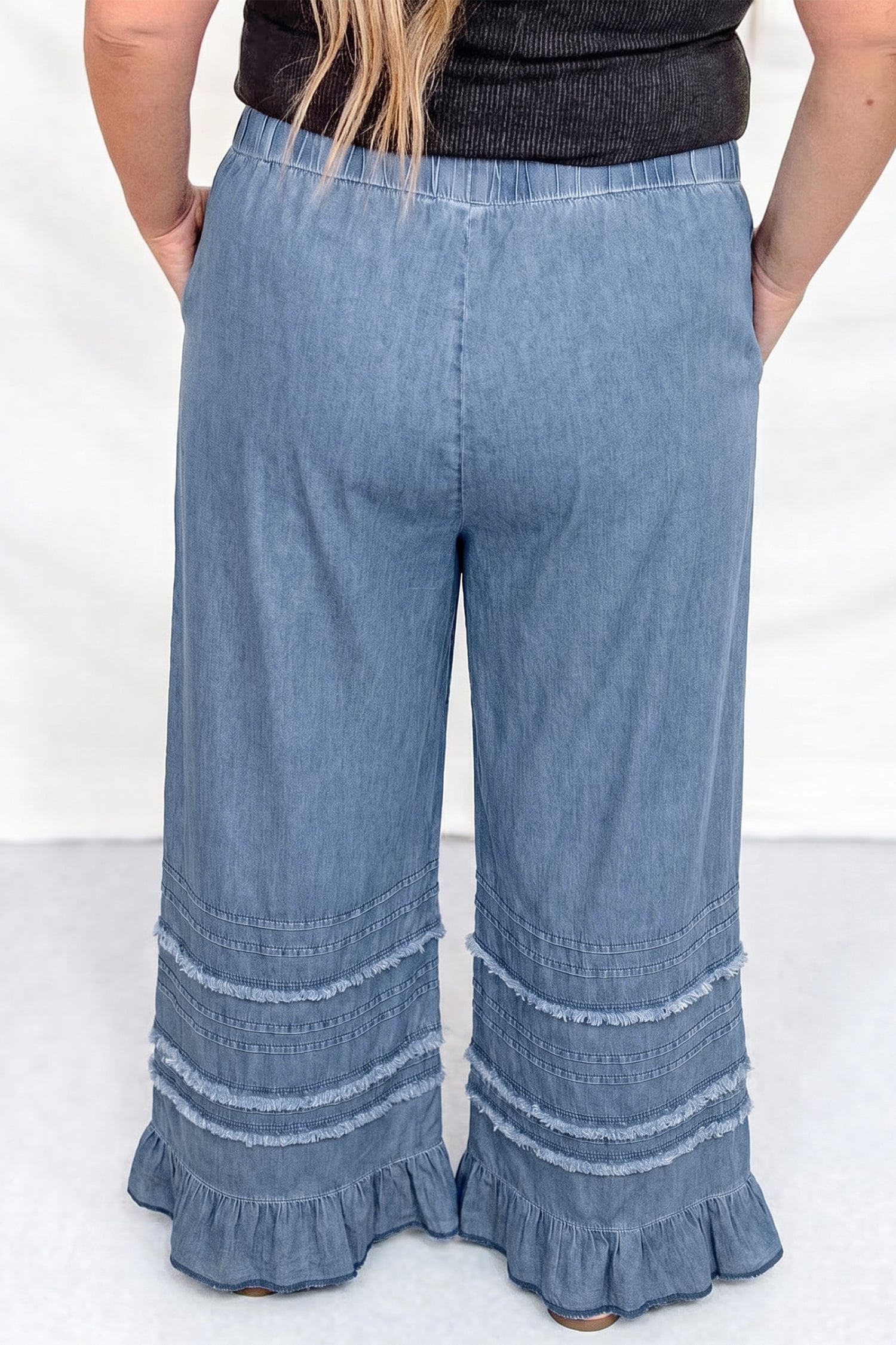 Dusk Blue Tiered Raw Edge Ruffled Plus Size Wide Leg Denim Pants