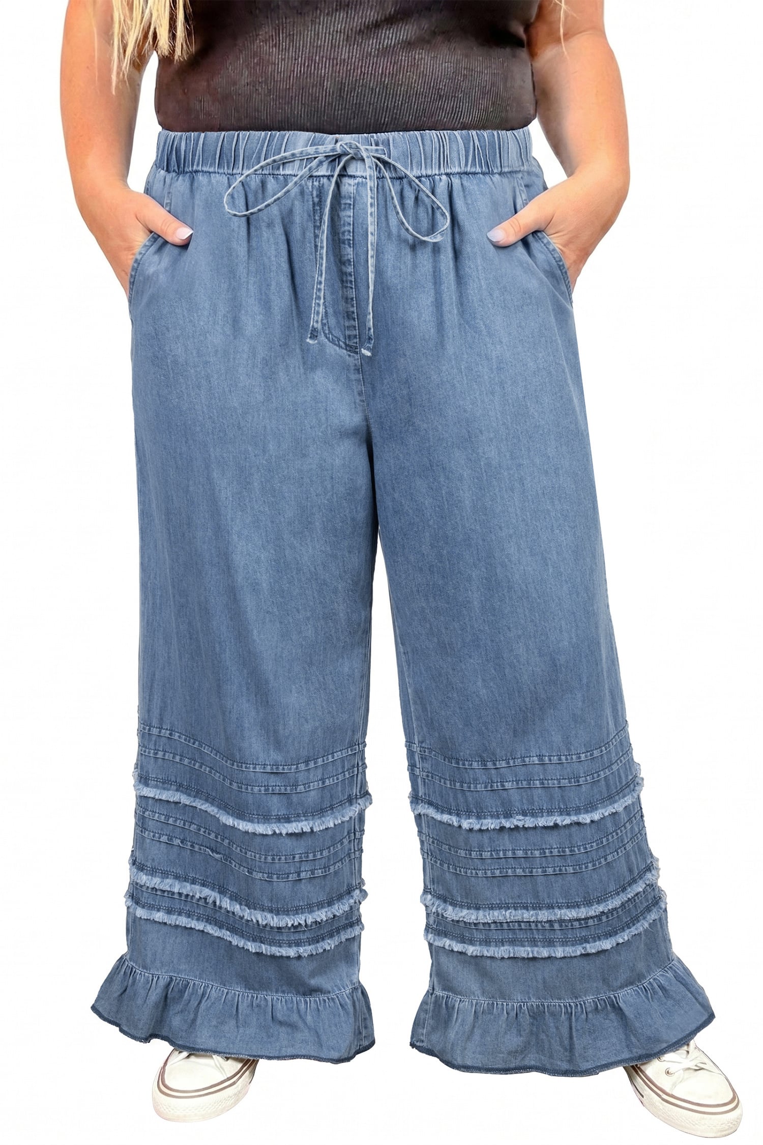 Dusk Blue Tiered Raw Edge Ruffled Plus Size Wide Leg Denim Pants