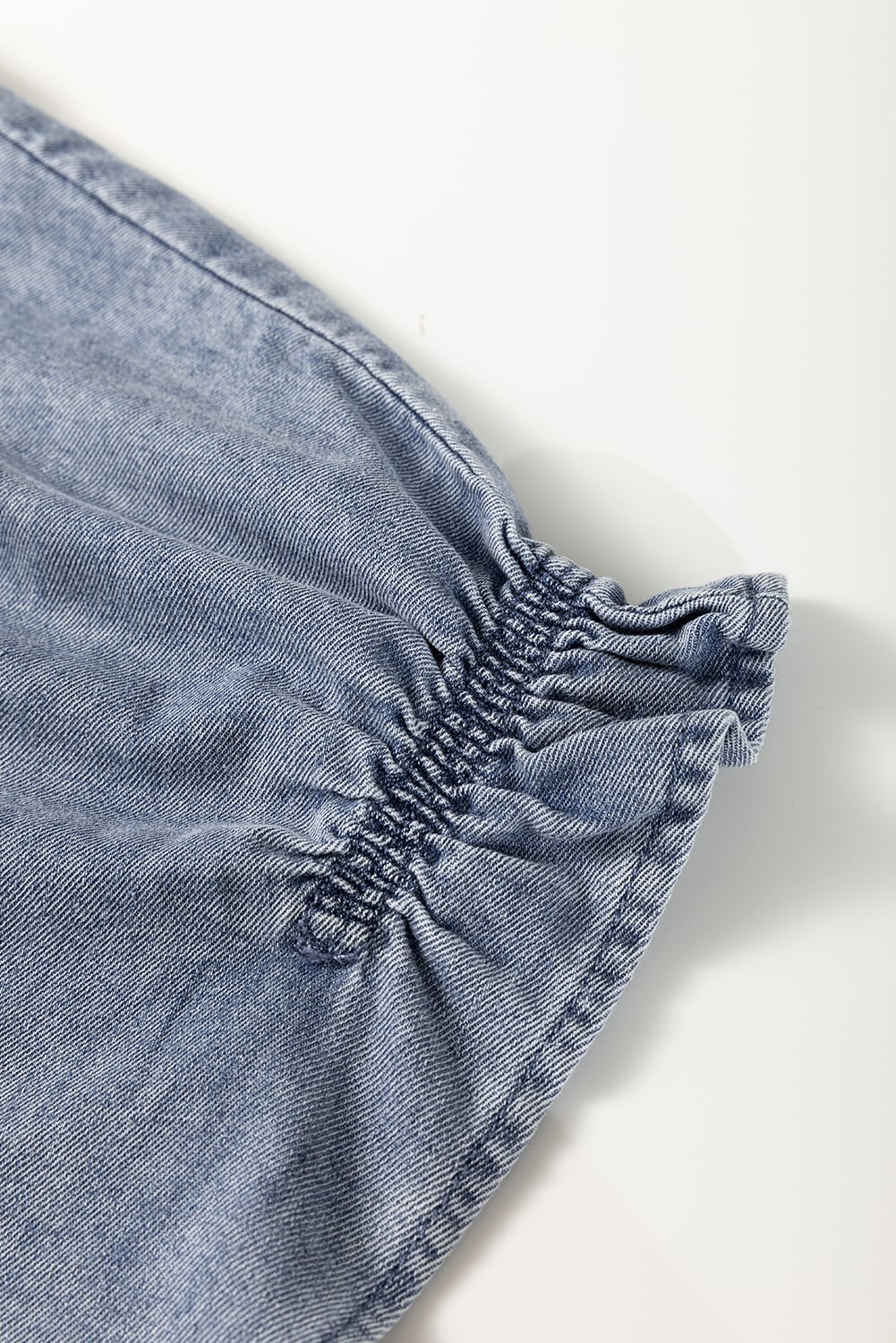 Dusk Blue V Neck Ruffled Short Puff Sleeve Denim Top
