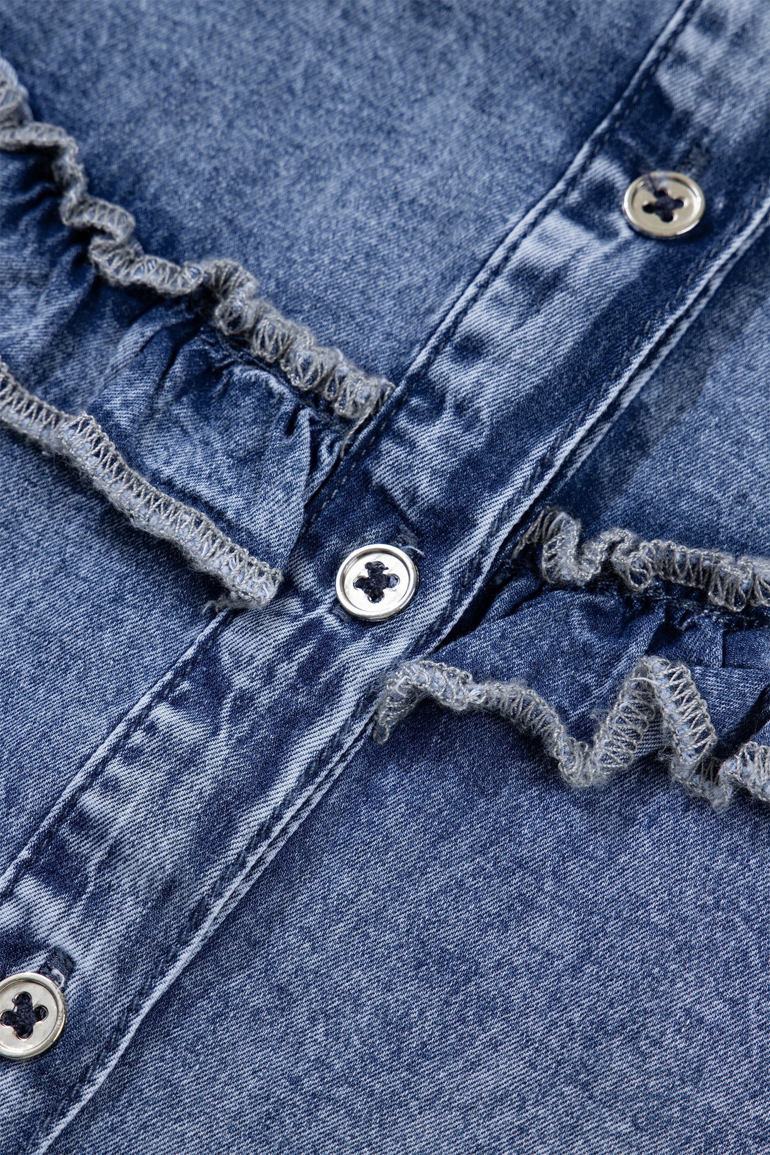 Dusk Blue Vintage Wash Denim Ruffle Detail Button Down Shirt