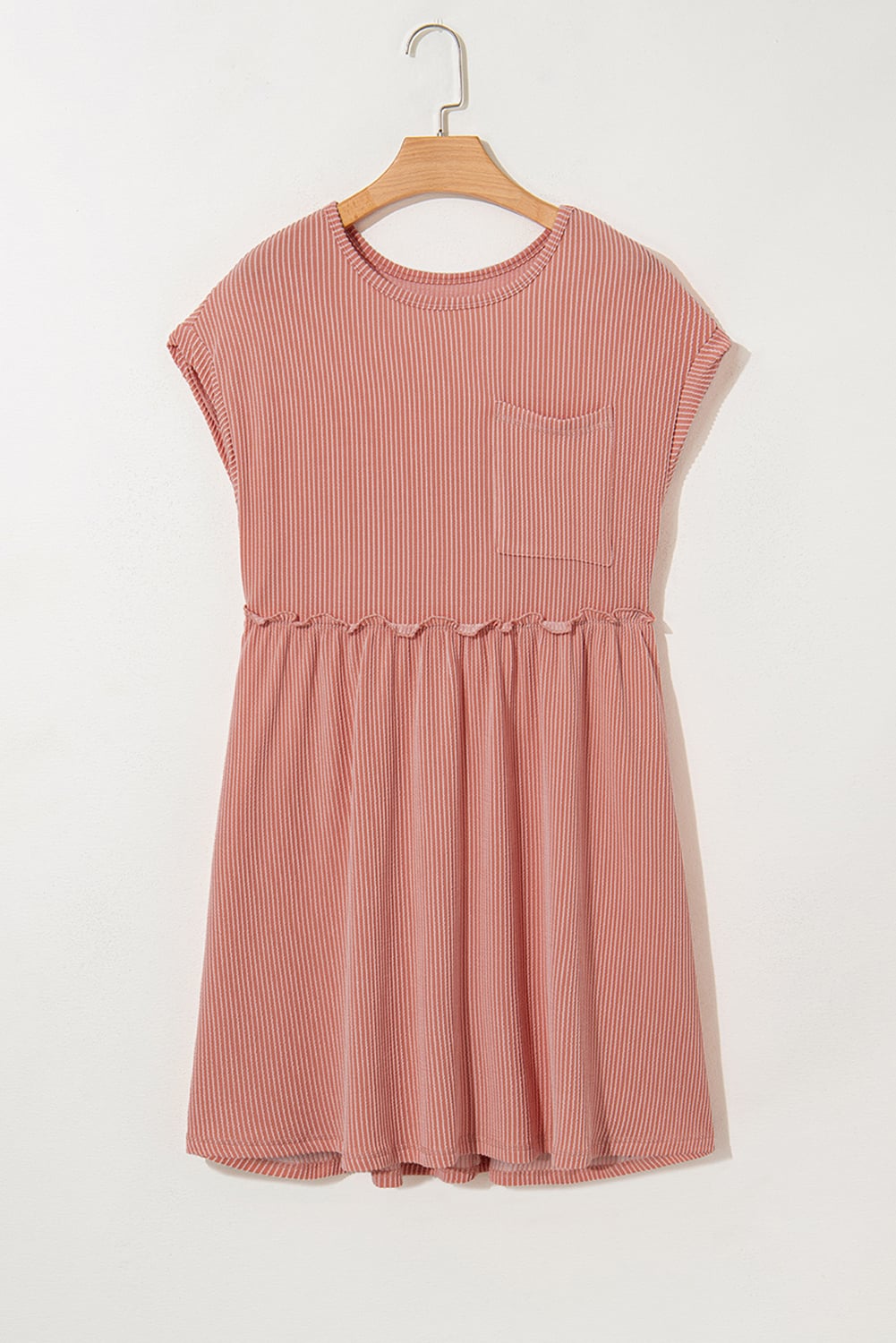 Dusty Pink Corded Knit Textured Patched Pocket Frilled Swing Mini Dress with Pockets