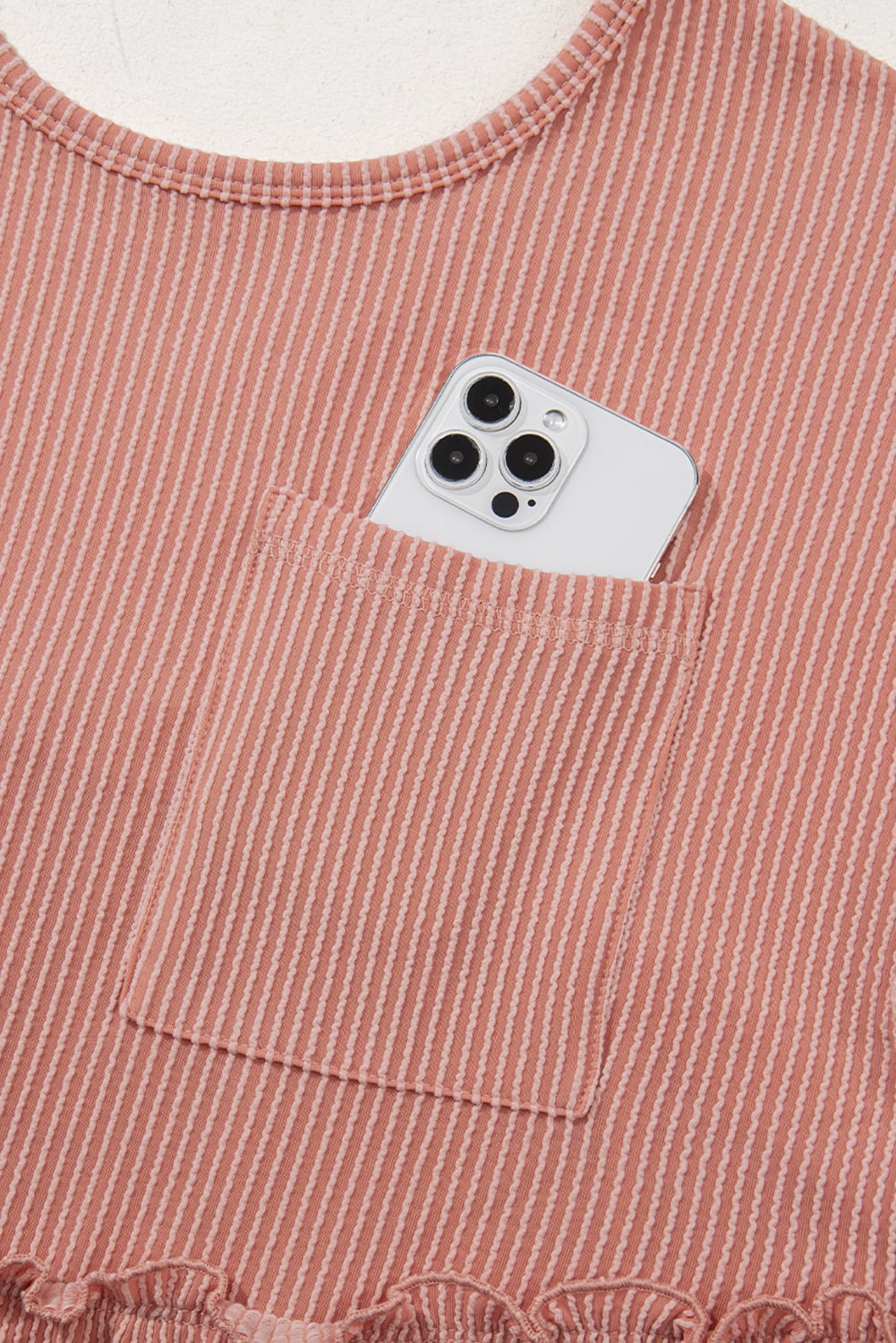 Dusty Pink Corded Knit Textured Patched Pocket Frilled Swing Mini Dress with Pockets
