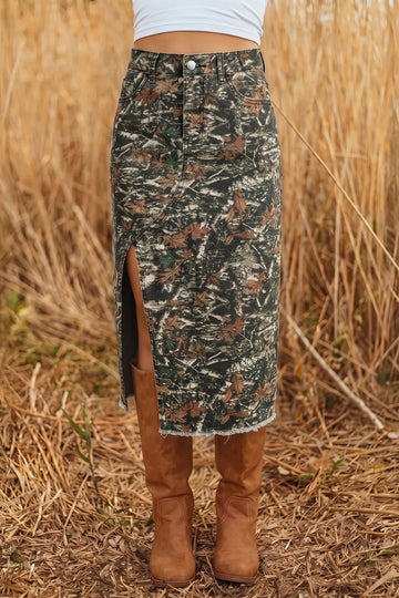 Multicolour Woodland Camouflage Split Raw Hem Midi Western Skirt
