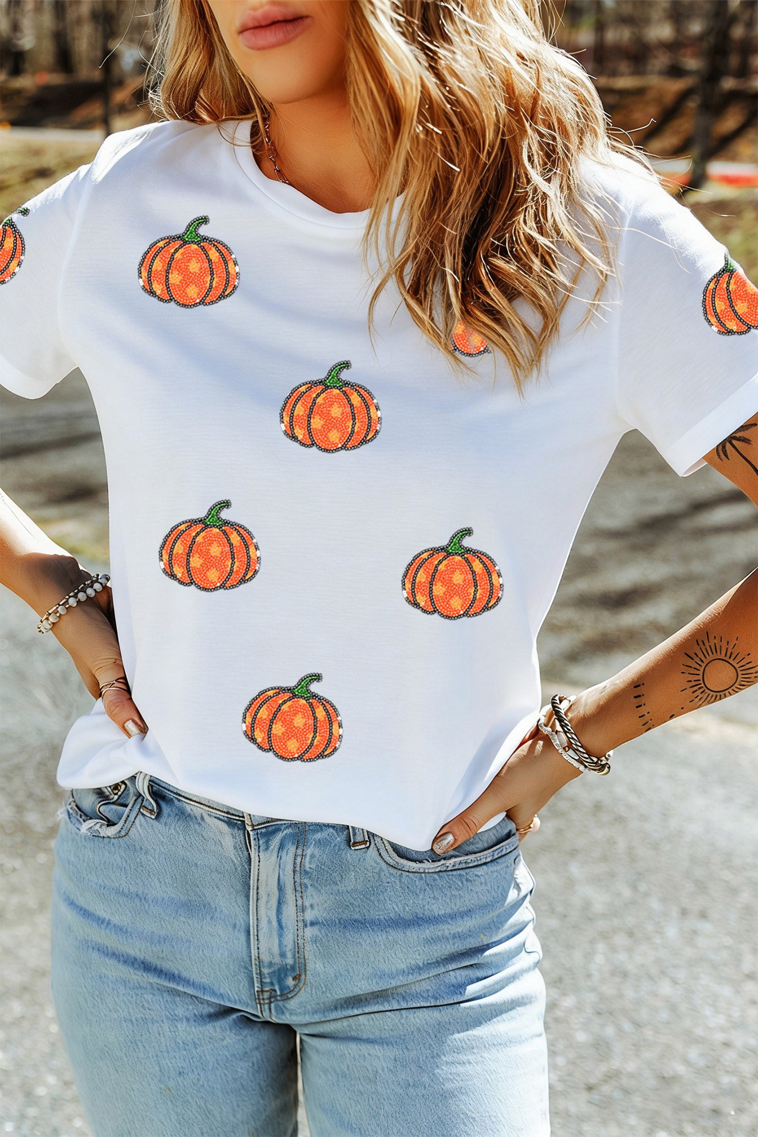 White Sequined Star Pumpkin Graphic Casual Round Neck T Shirt