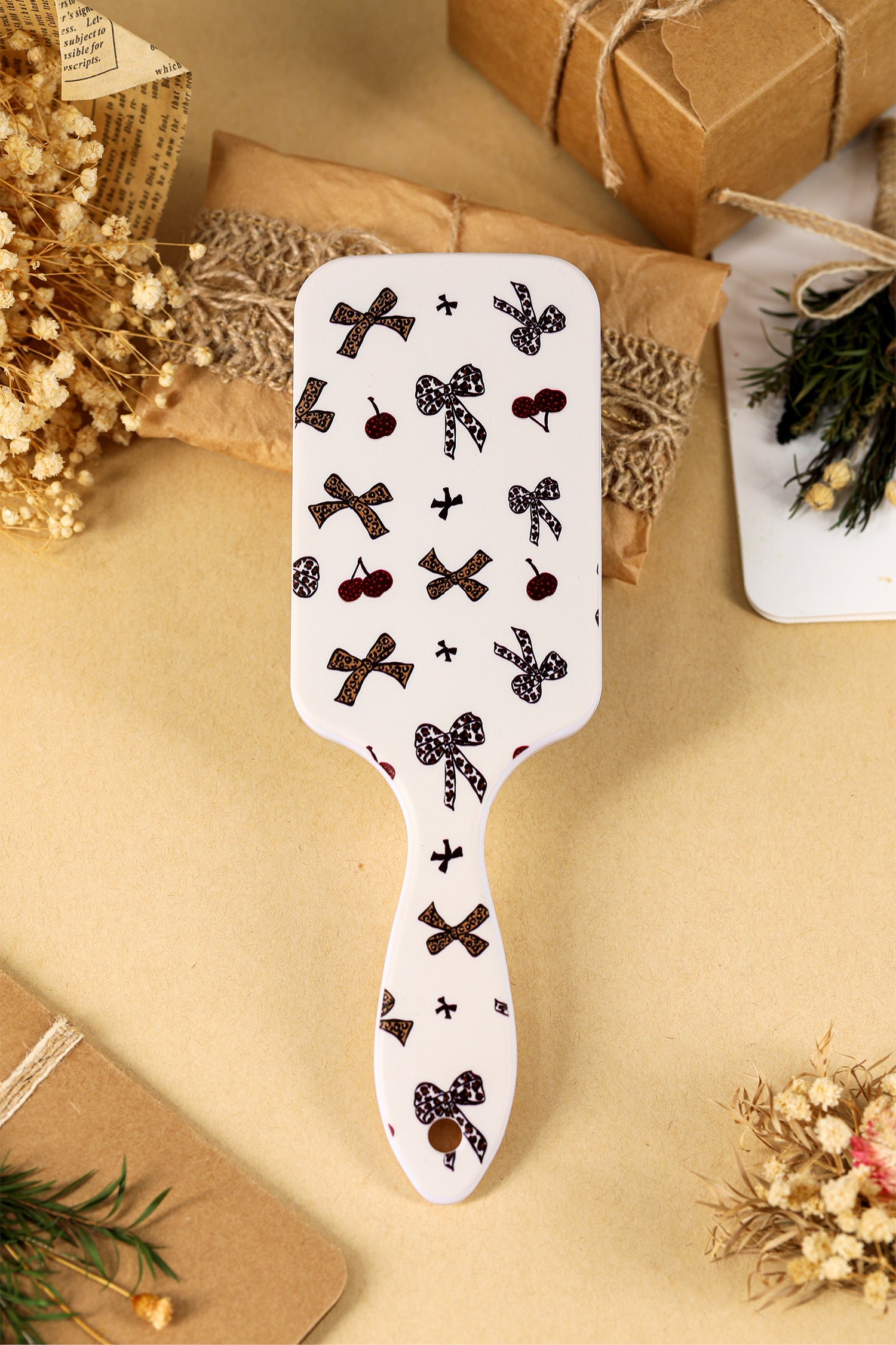 White Leopard Bow Cherry Print Large Detangle Paddle Hair Brush