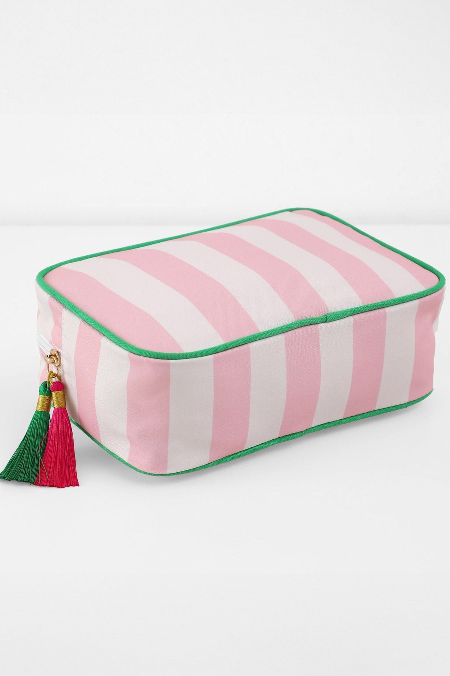 Pink Striped Print Tassel Zipper PU Large Cosmetic Bag