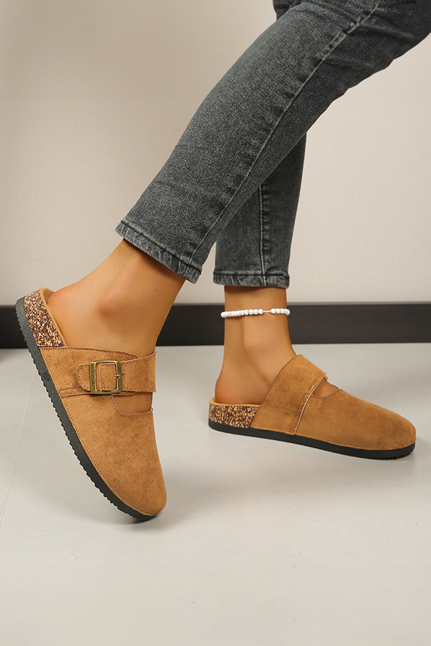 Camel Faux Suede Retro Buckle Clog Slippers