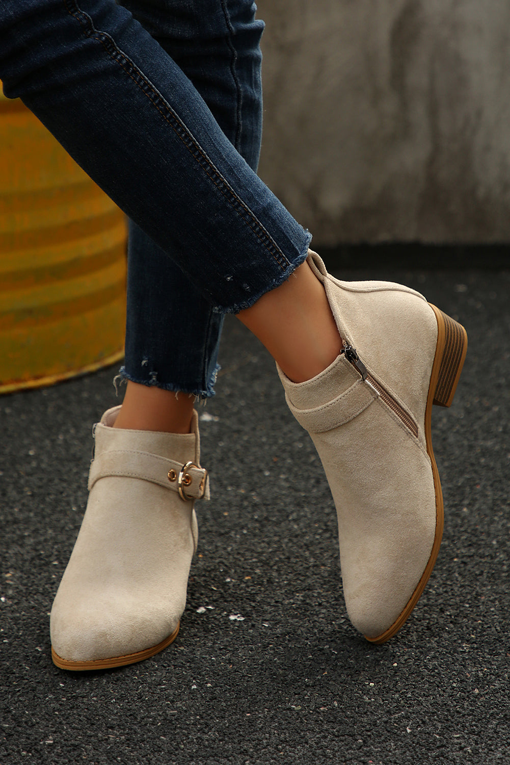 Beige Classic Buckle Strap Chunky Heel Suede Boots