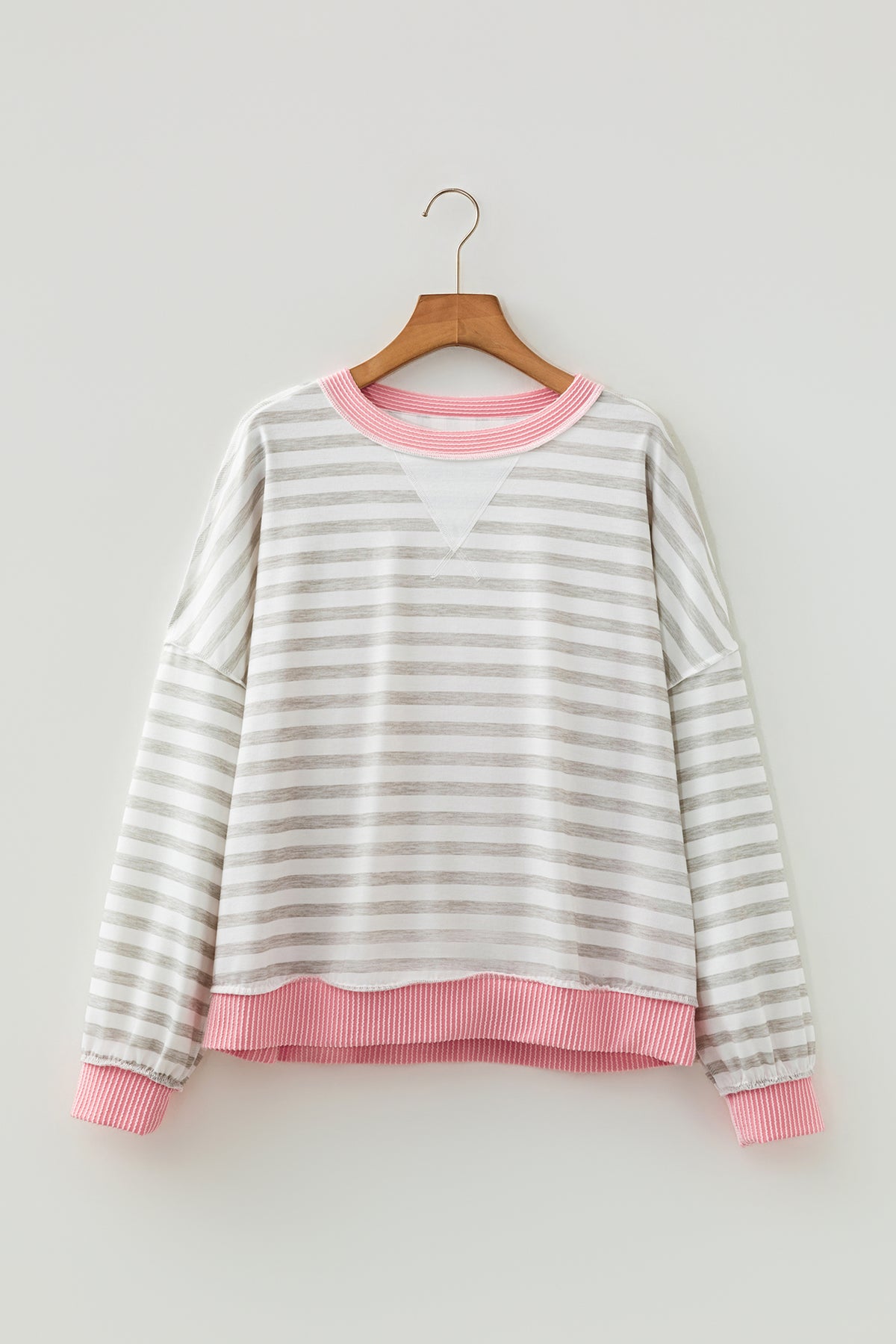Pink Twisted Rib Trim Striped Round Neck Long Sleeve Top
