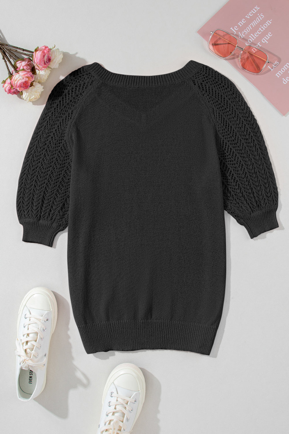 Black Solid Color Knit Contrast Hollowed Short Sleeve V Neck Sweater