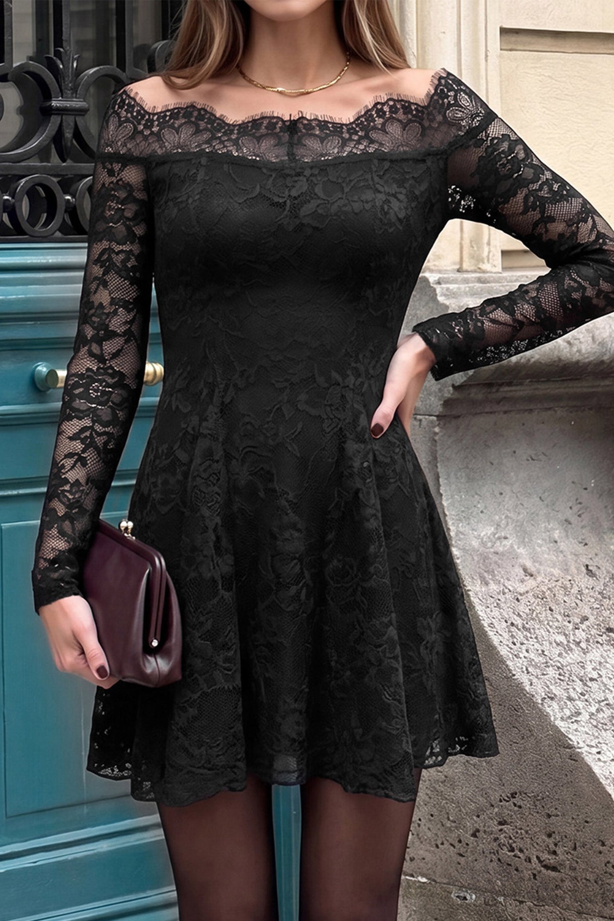 Black Off Shoulder Floral Lace Long Sleeve Fit Flare Mini Dress