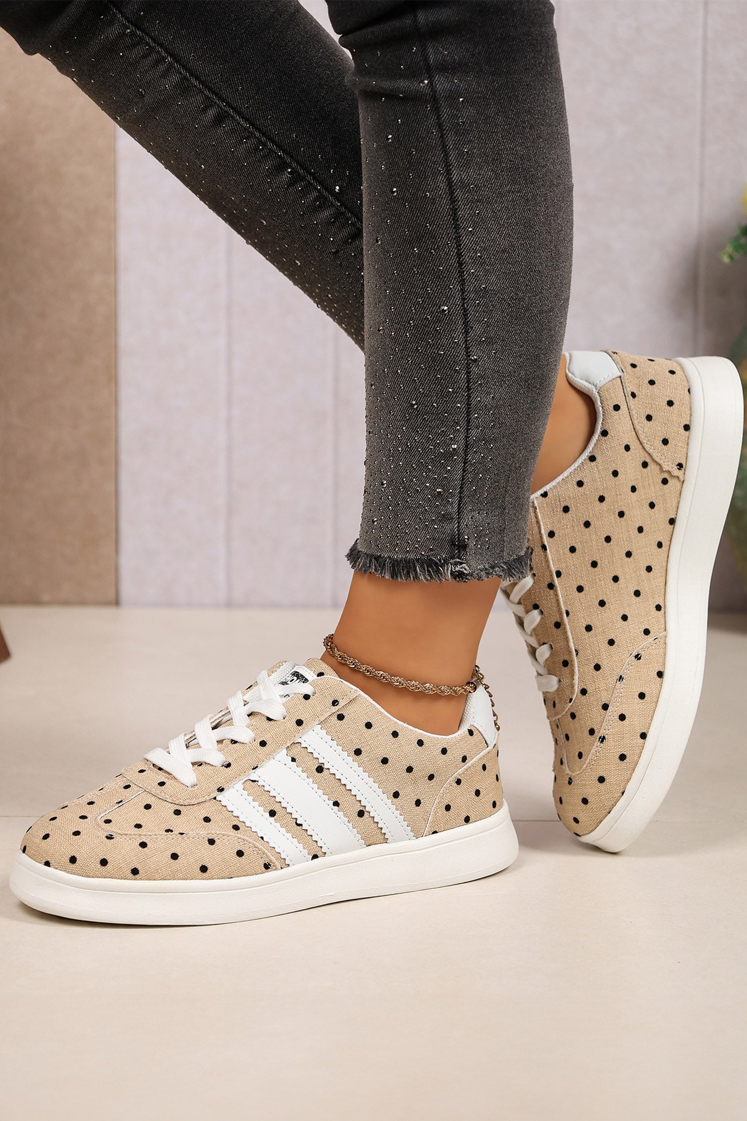Camel Polka Dot Print PU Leather Detail Lace Up Casual Shoes