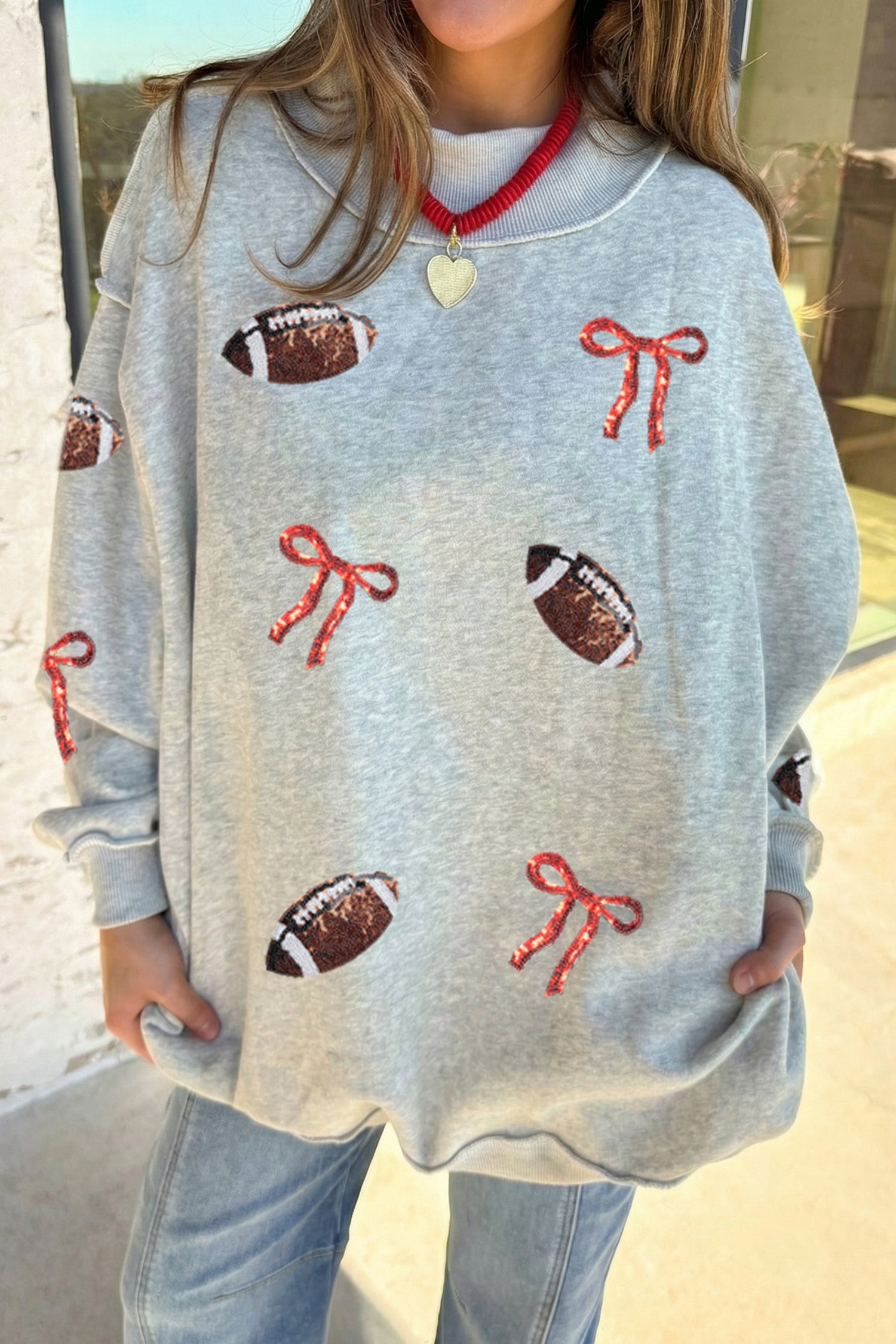 Light Grey Sequin Rugby Bow Graphic Mock Neck Relaxed Pullover Sweatshirt
