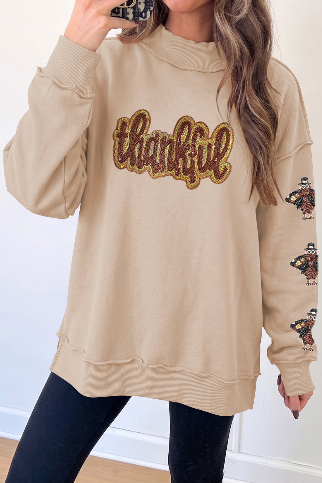 Apricot Sequin Thankful Graphic Exposed Seam Mock Neck Turkey Sleeve Pullover Sweatshirt