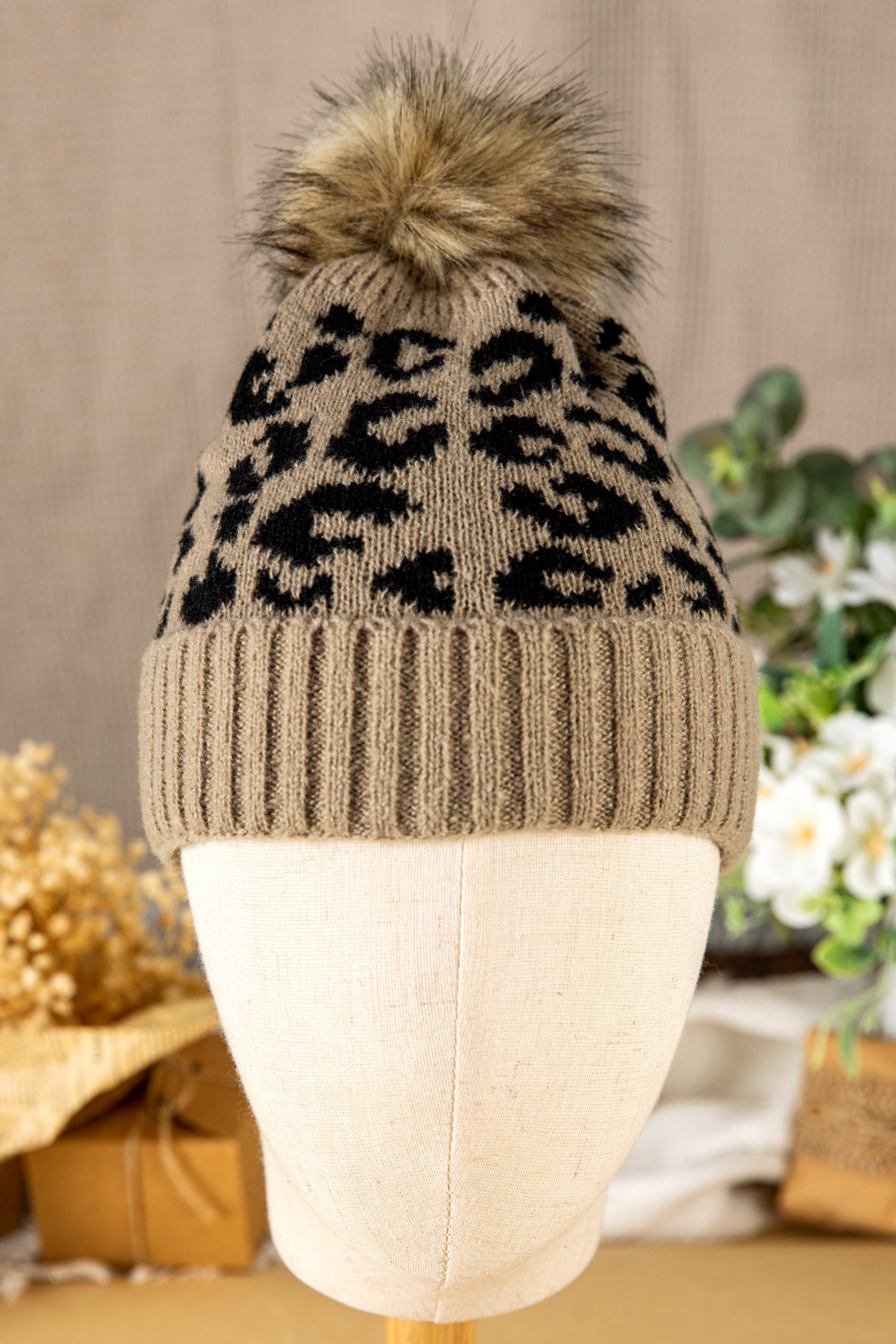 Light French Beige Faux Fur Pompom Leopard Knit Beanie