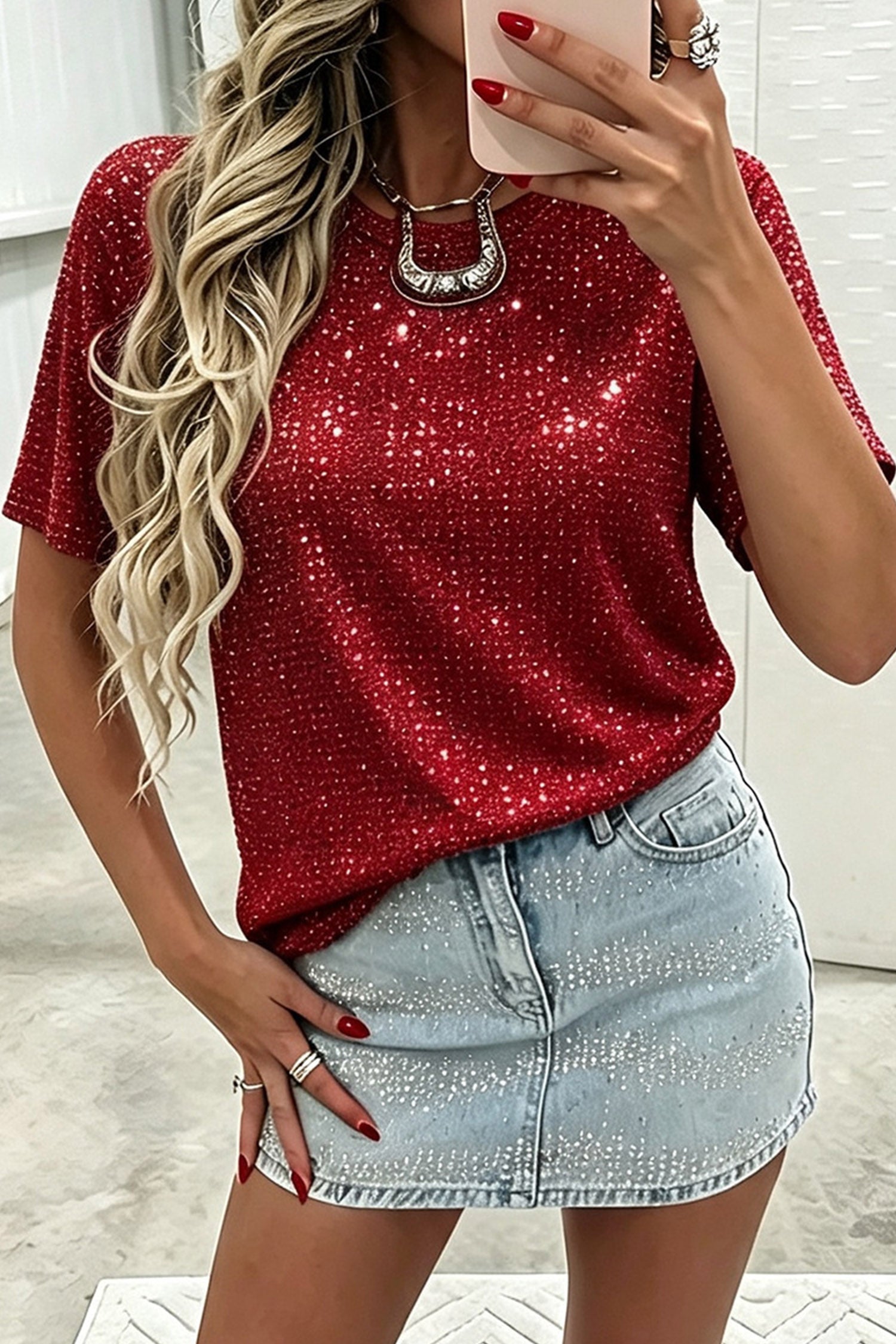 Red Dahlia Sparkly Rhinestone Short Sleeve Tee
