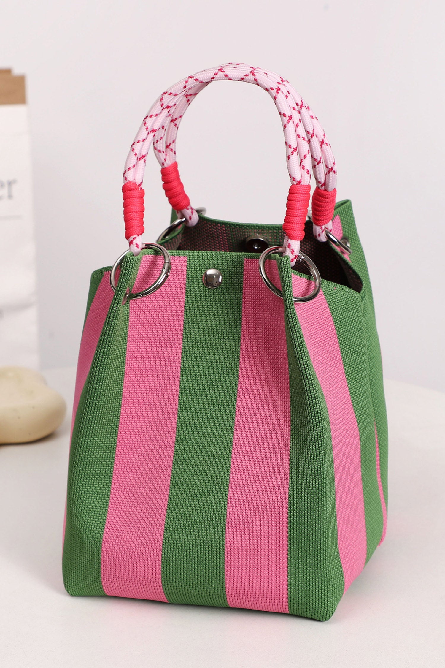 Fern Green Striped Pattern Rope Handles Metal Ring Boho Style Handbag