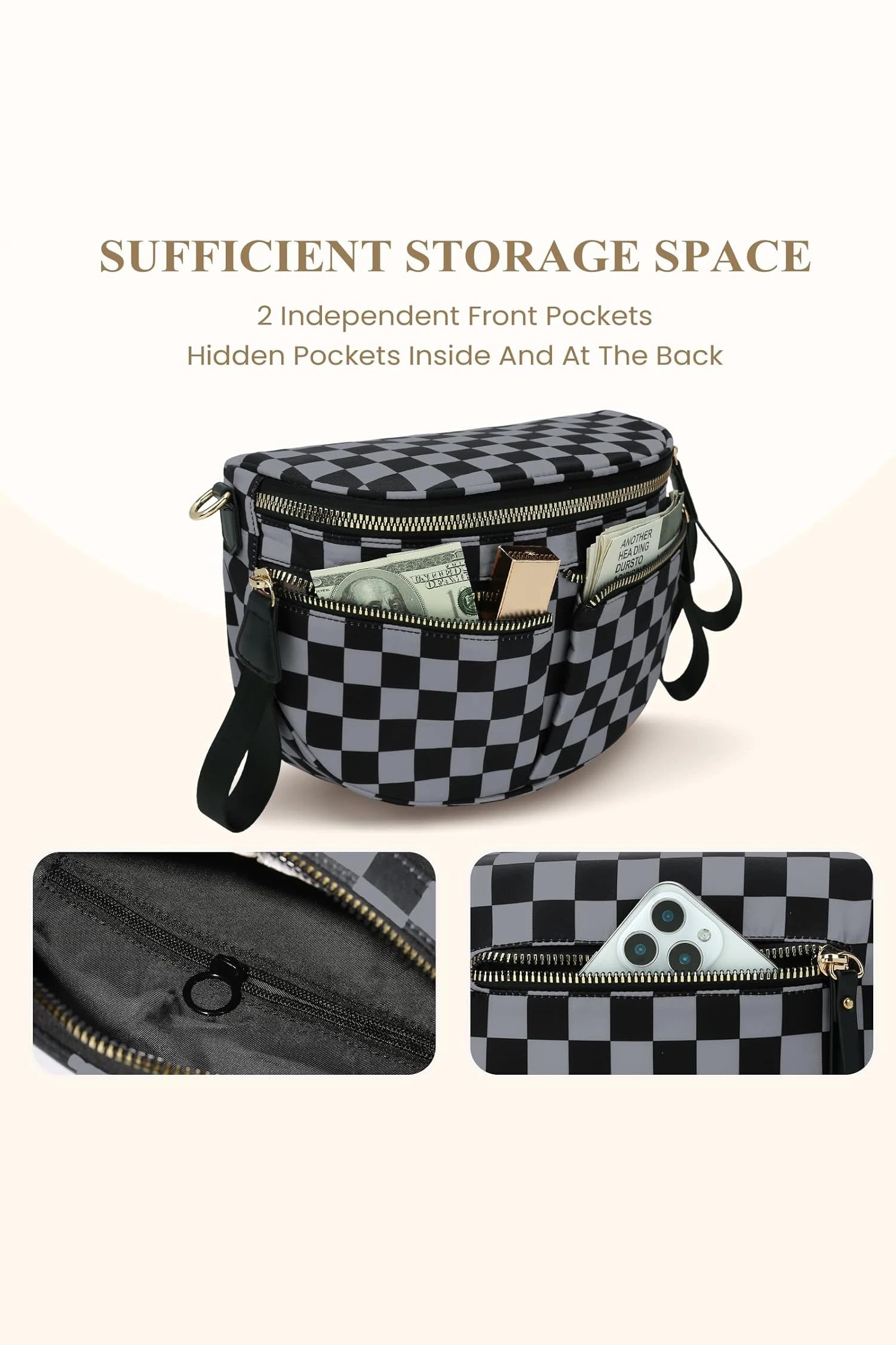 Dirty blue Checkered Print Multi Pocket Zipped Canvas Crossbody Bag