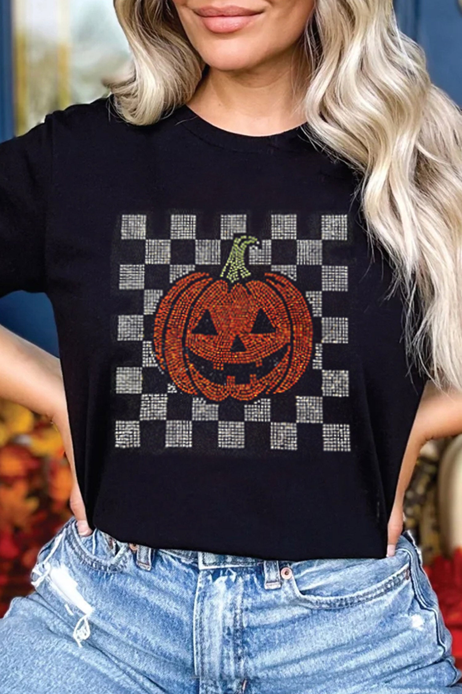 Black Rhinestone Pumpkin Halloween Graphic T-Shirt