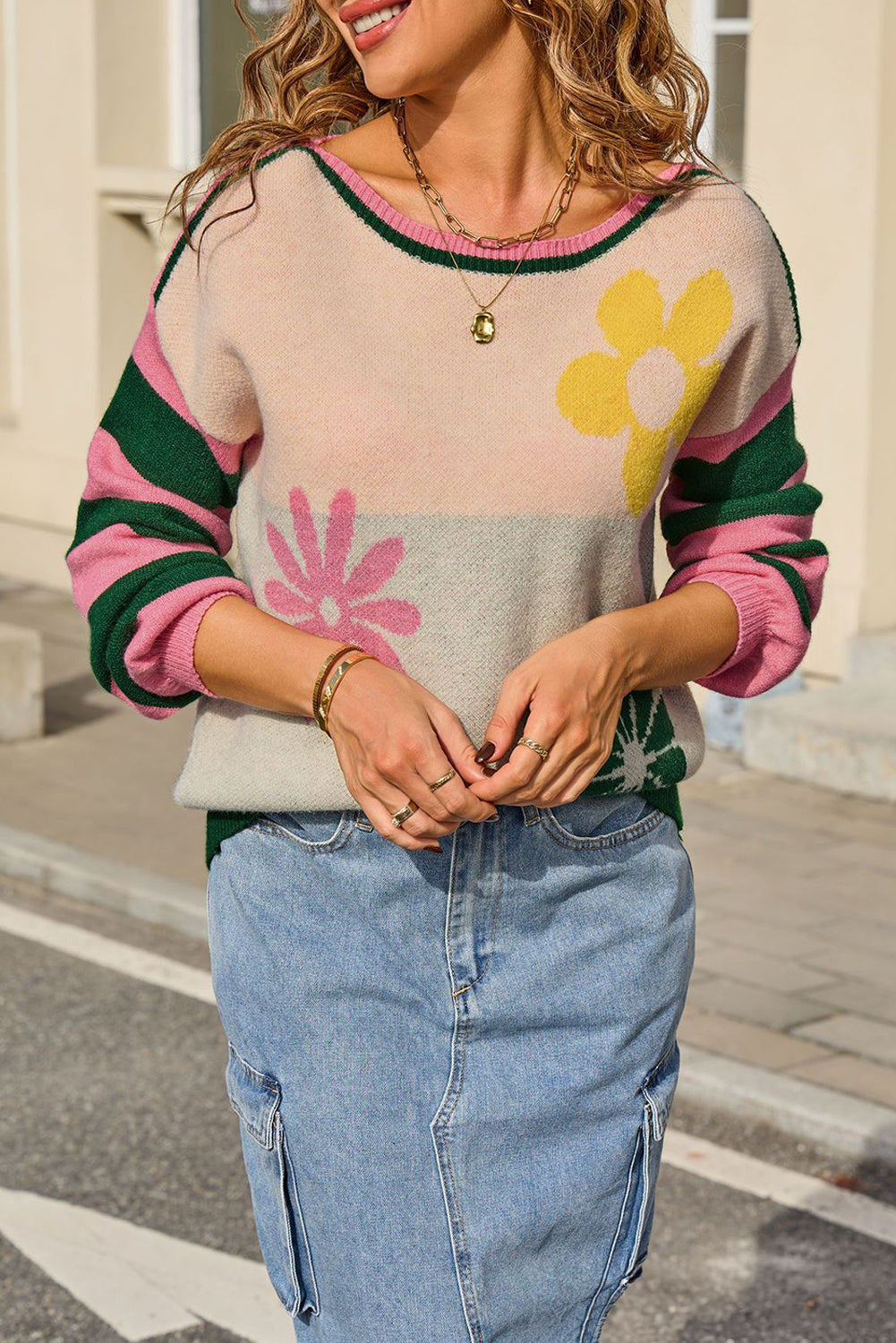 Pink Stripe Dropped Sleeve Contrast Flower Print Sweater