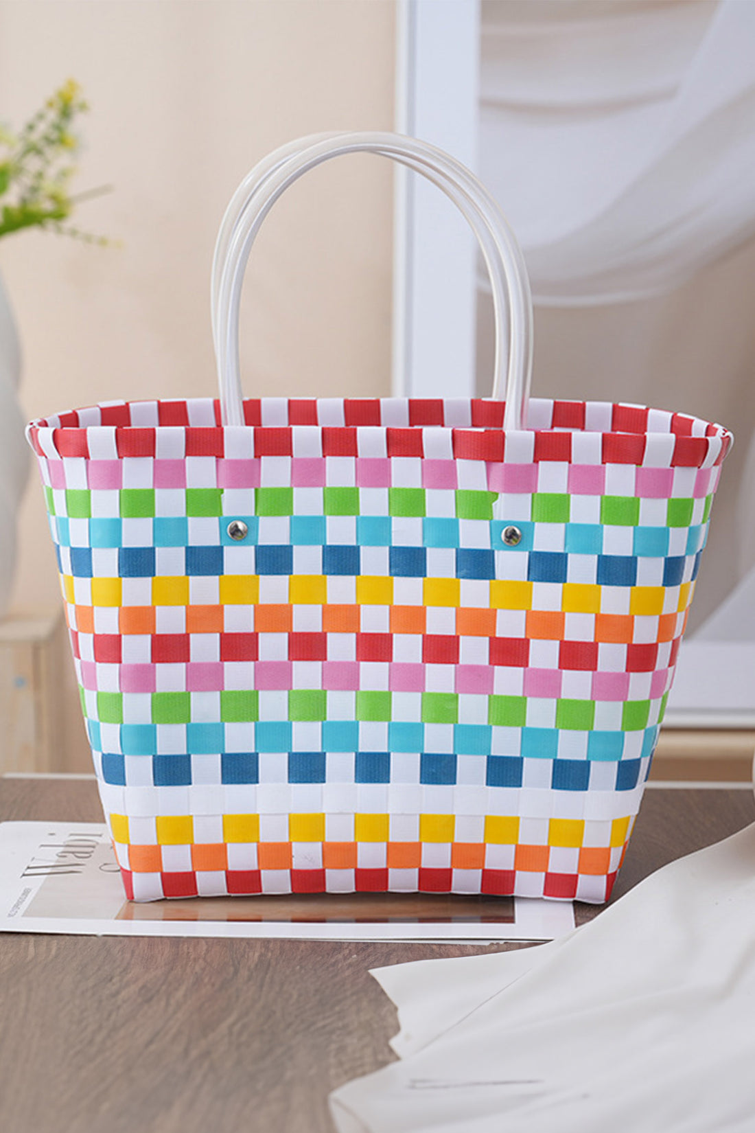 White Colorful Checkered Straw Woven Tote Bag