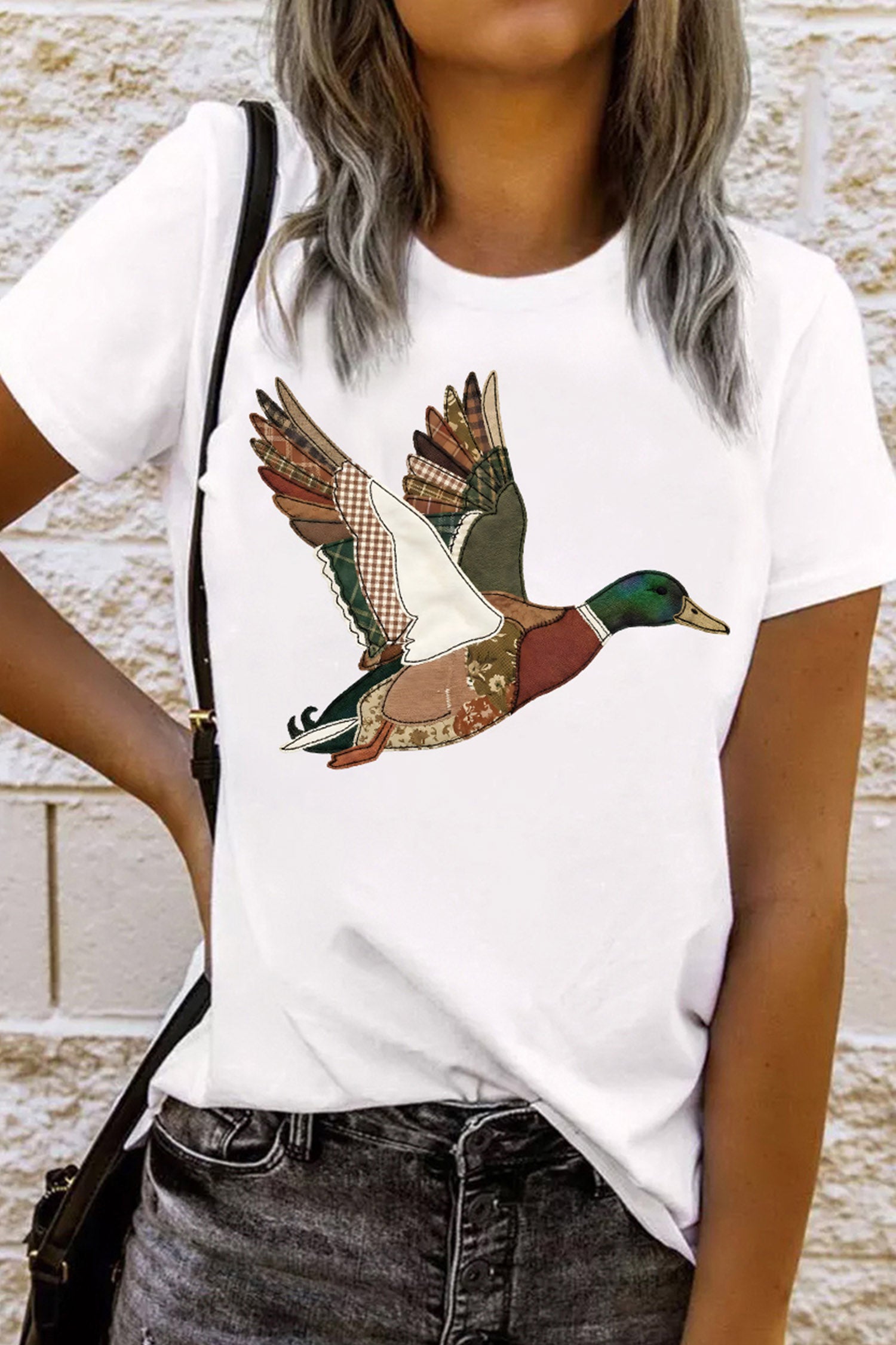 White Flying Mallard Faux Patchwork Printed T Shirt