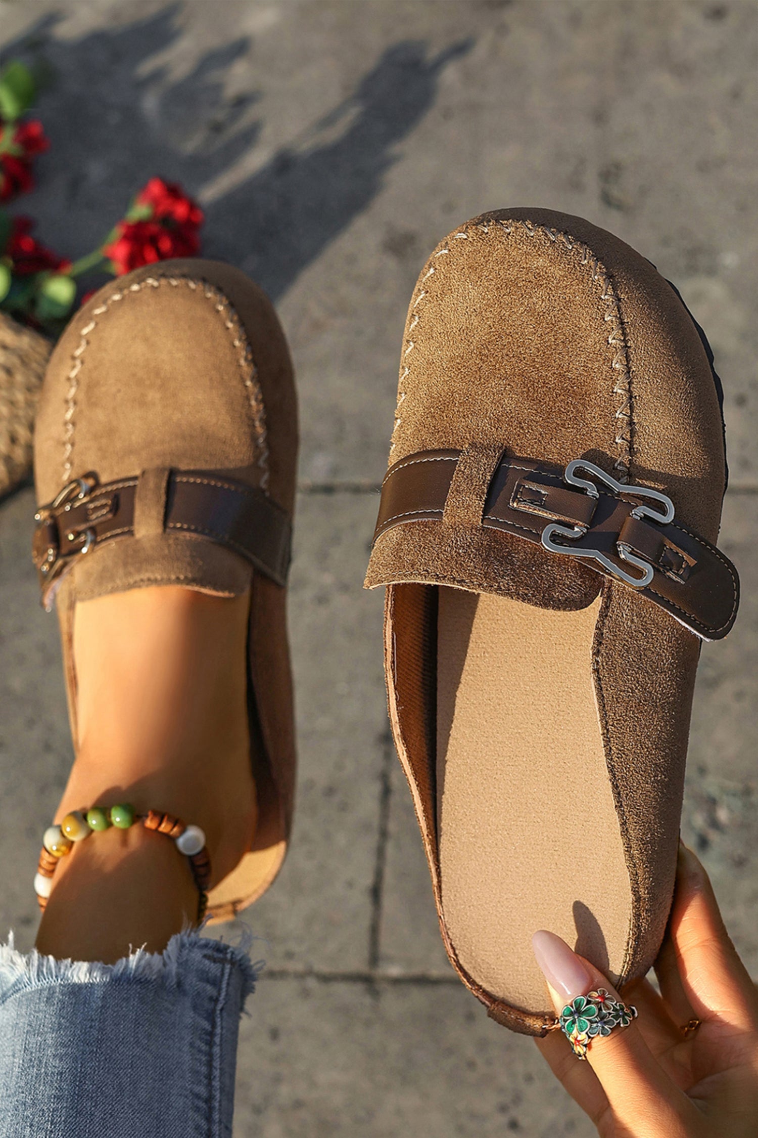 Camel Faux Suede Cute Buckle PU Leather Strap Mule Slippers