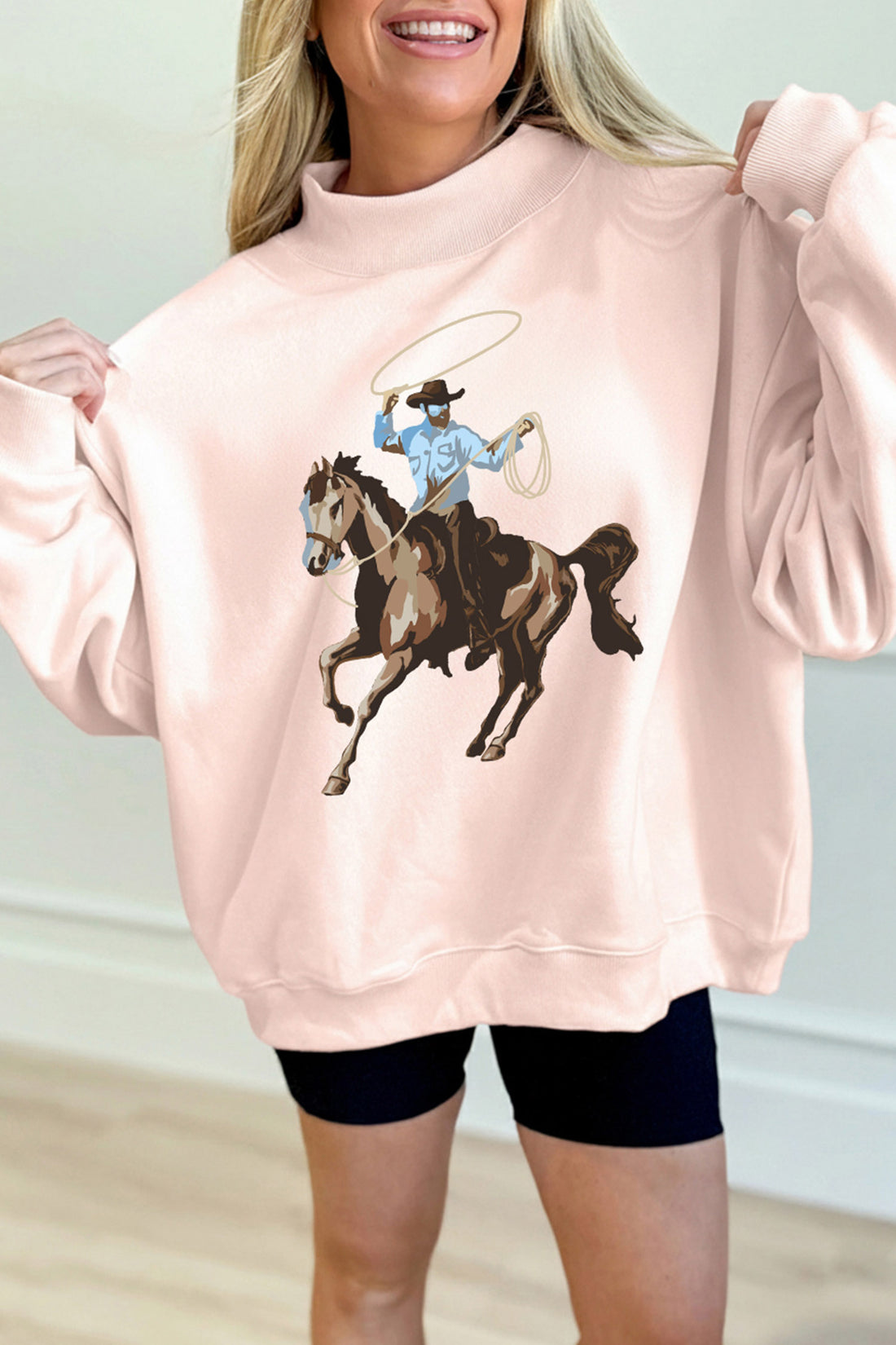 Apricot Pink Western Cowboy Rodeo Print Mock Neck Sweatshirt