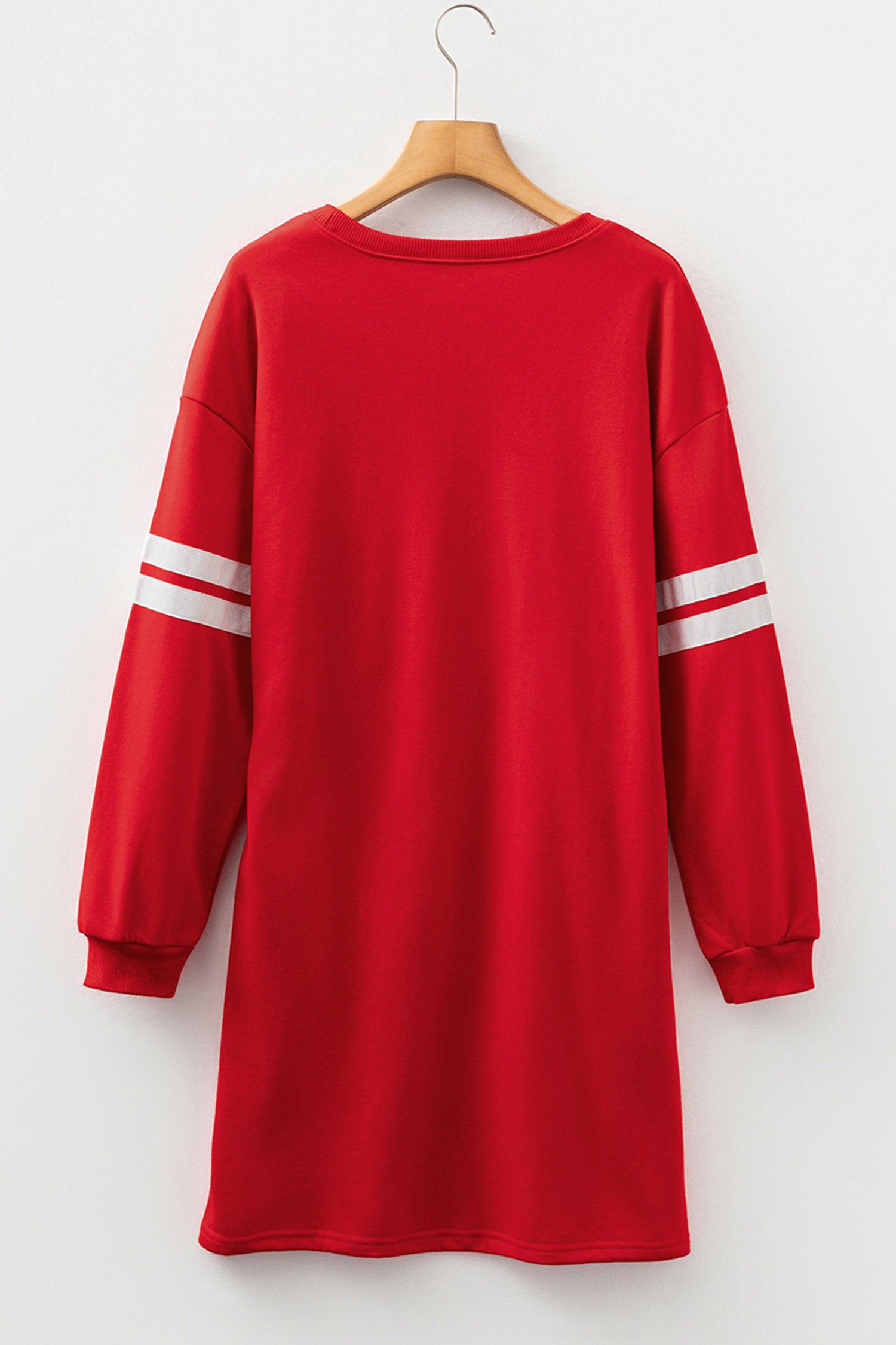 Fiery Red Sequin Rugby Bow Graphic Varsity Striped Sleeve Shift Mini Dress