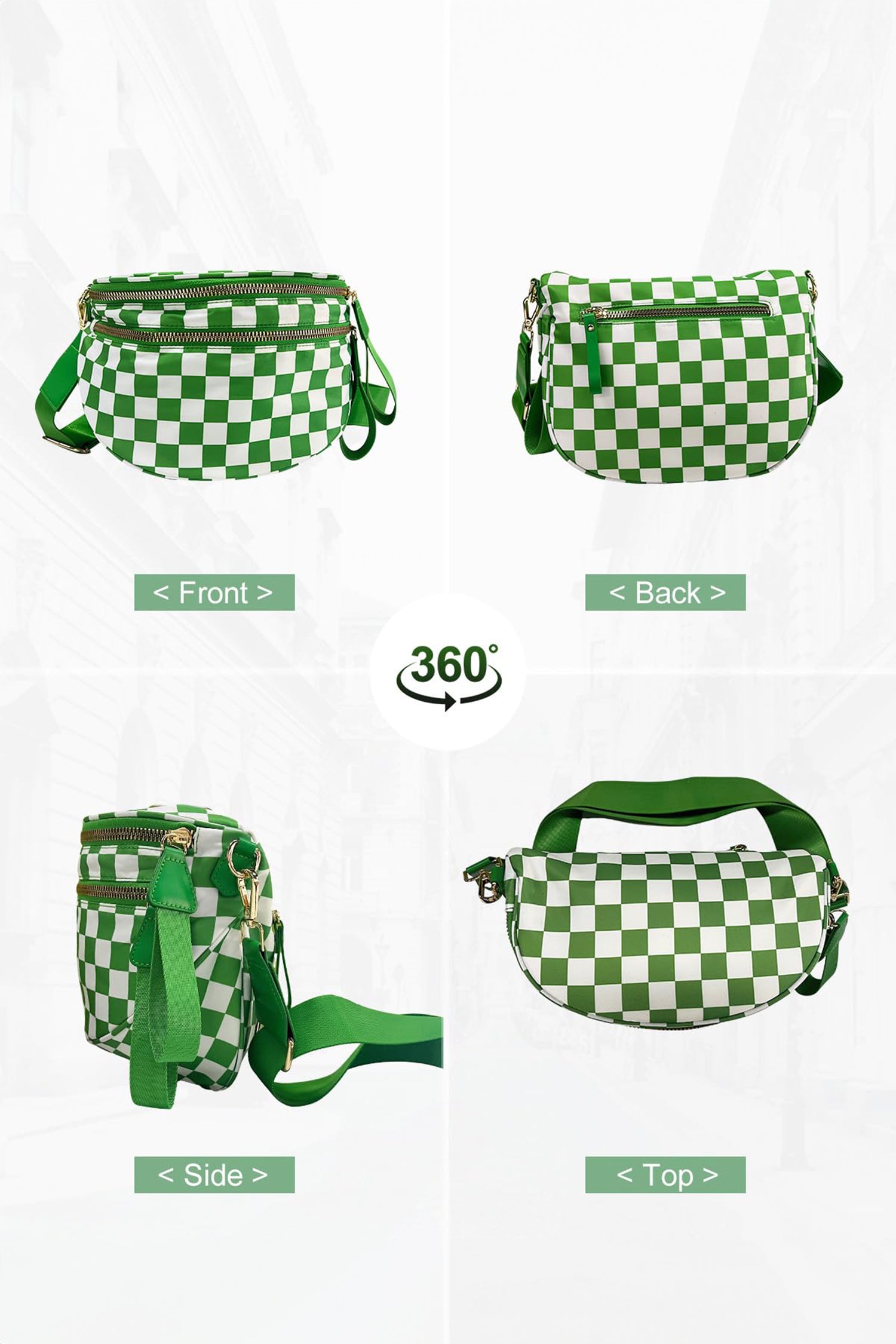 Green Checkered Print Wide Strap Large Crossbody Bag