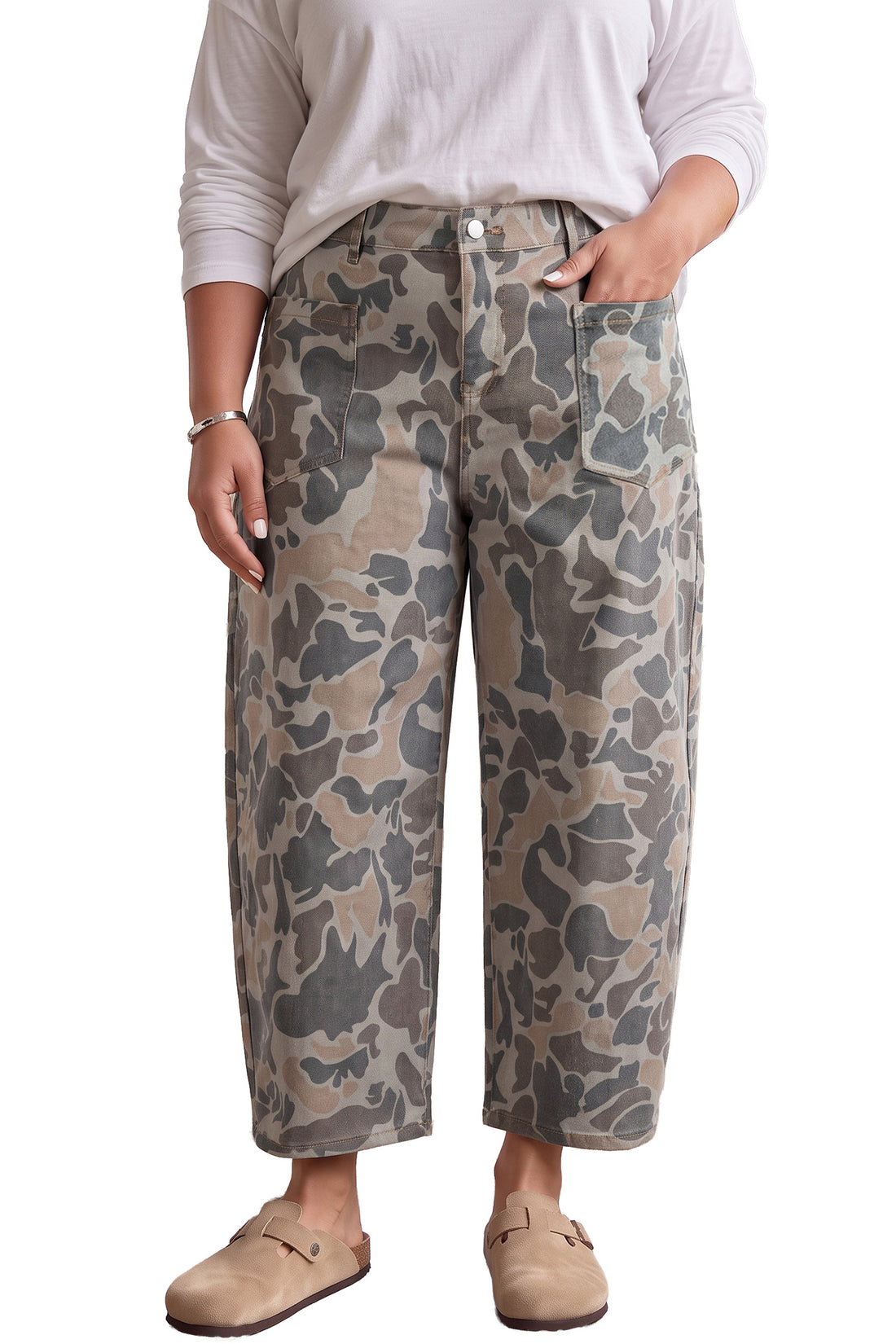Multicolour Plus Size Camouflage Print High Rise Barrel Jeans