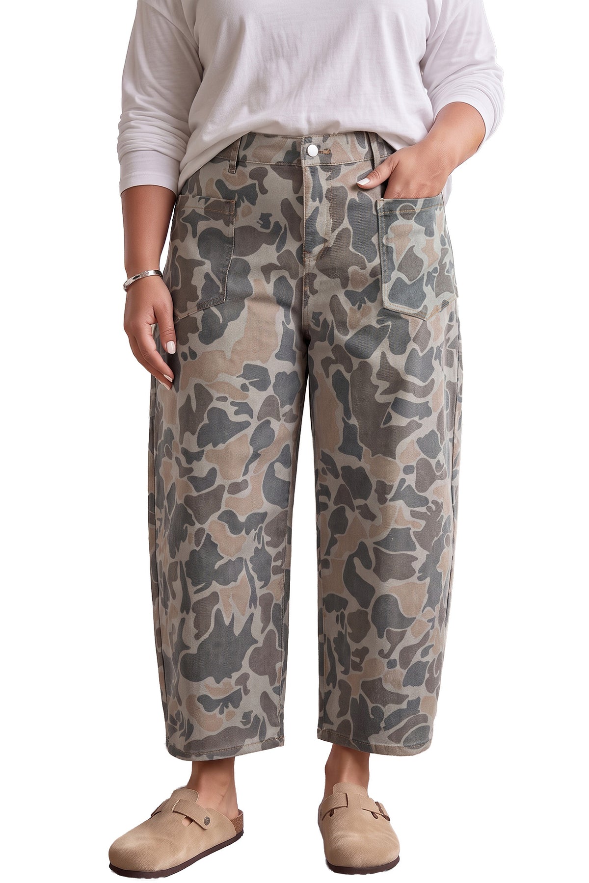 Multicolour Plus Size Camouflage Print High Rise Barrel Jeans