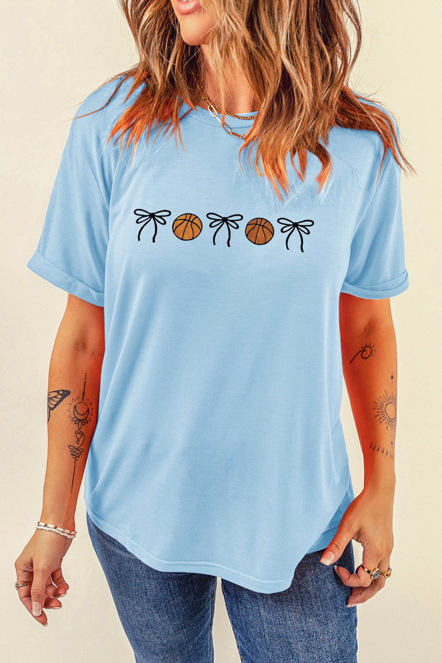 Light Blue Basketball Bow Embroidered Womens T Shirt