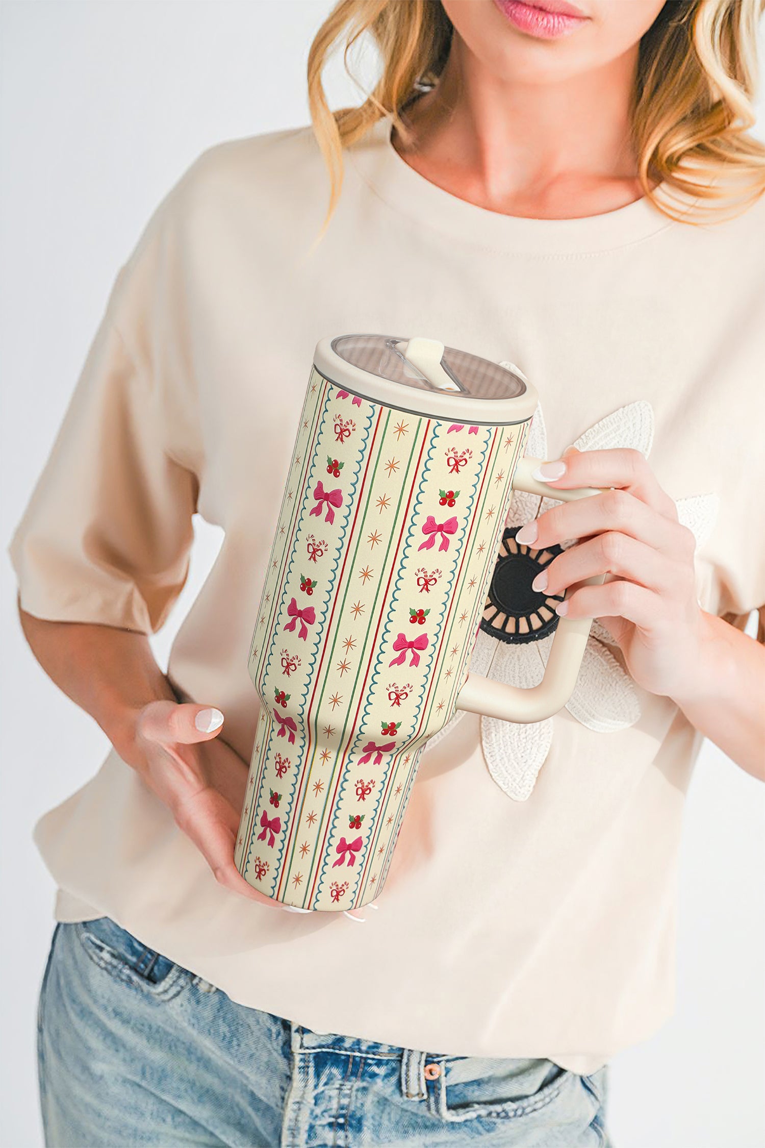 White Holly Jolly Bow Striped Print Flip Straw Tumbler