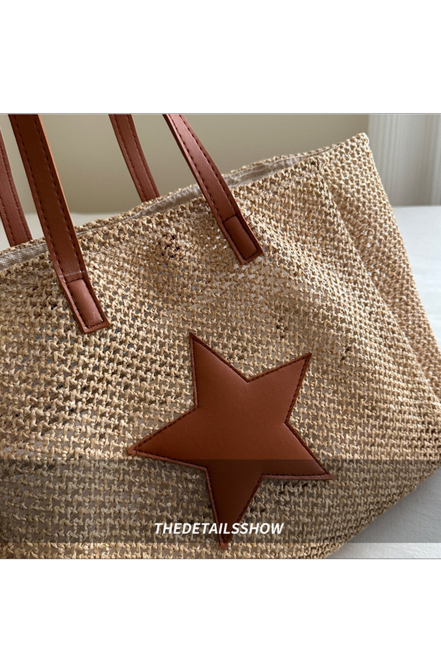 Parchment Boho Straw Woven Contrast Leather Star Detail Tote Bag