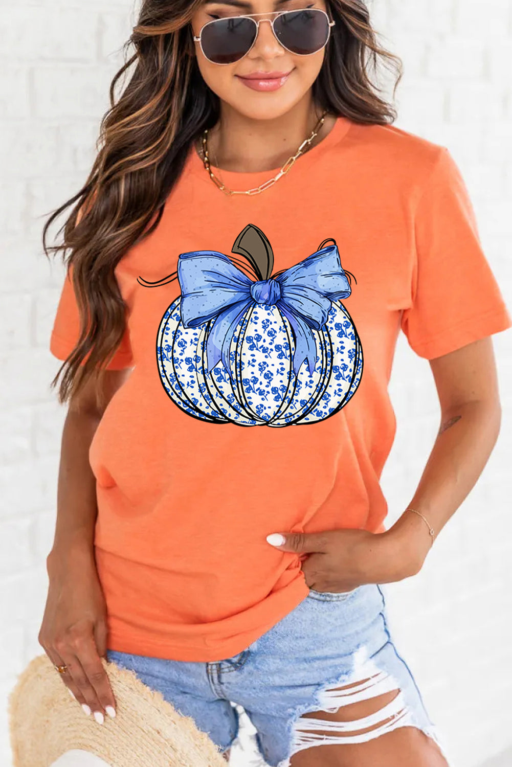 Orange Floral Pumpkin Bow Print Thanksgiving T Shirt