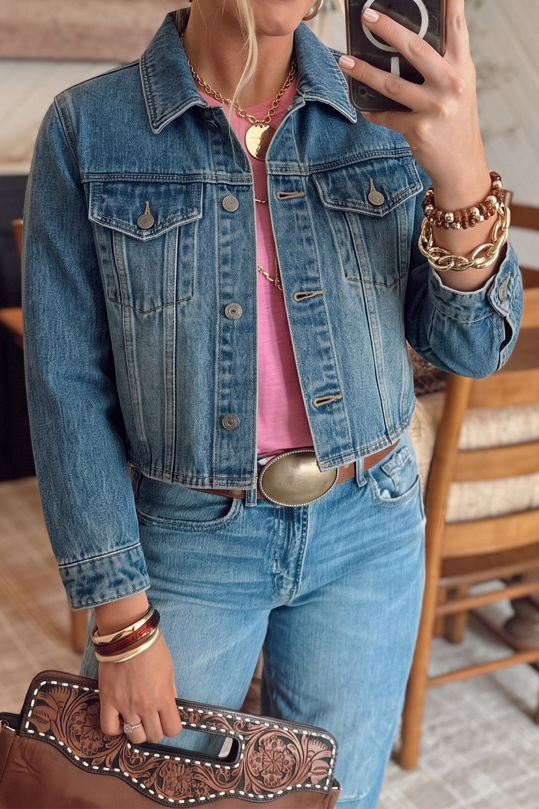 Ashleigh Blue Acid Washed Button Flap Pocket Cropped Denim Jacket