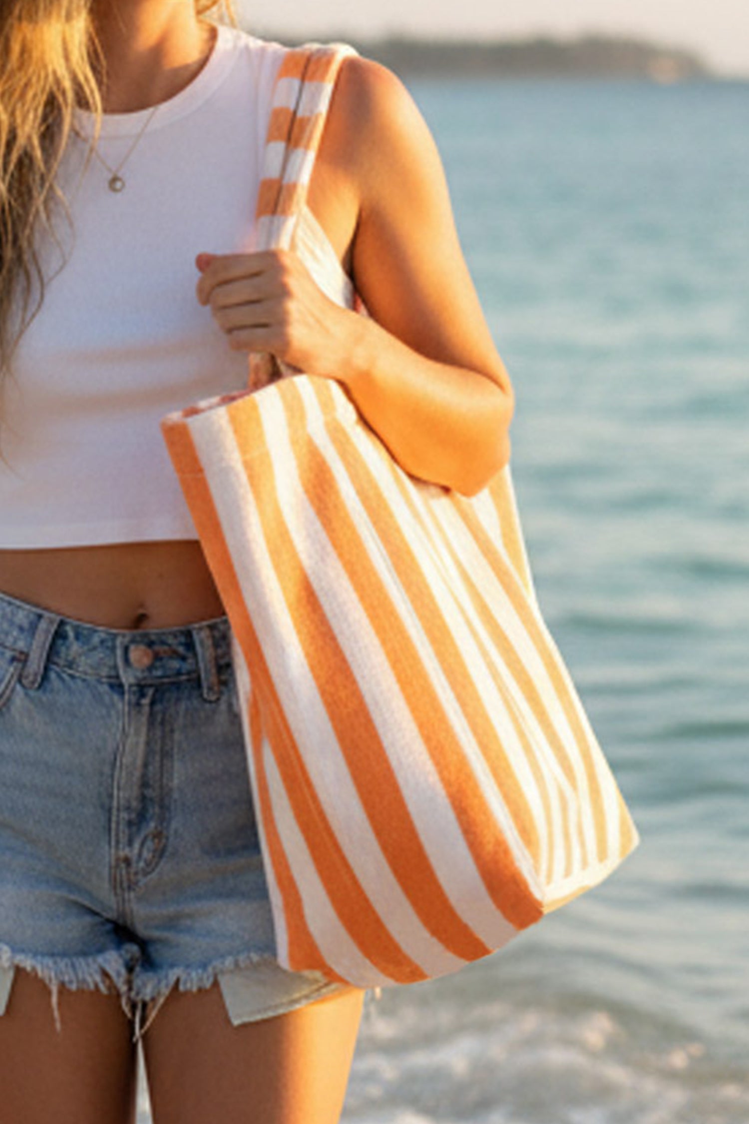 Grapefruit Orange Striped Terry Large Beach Tote Bag