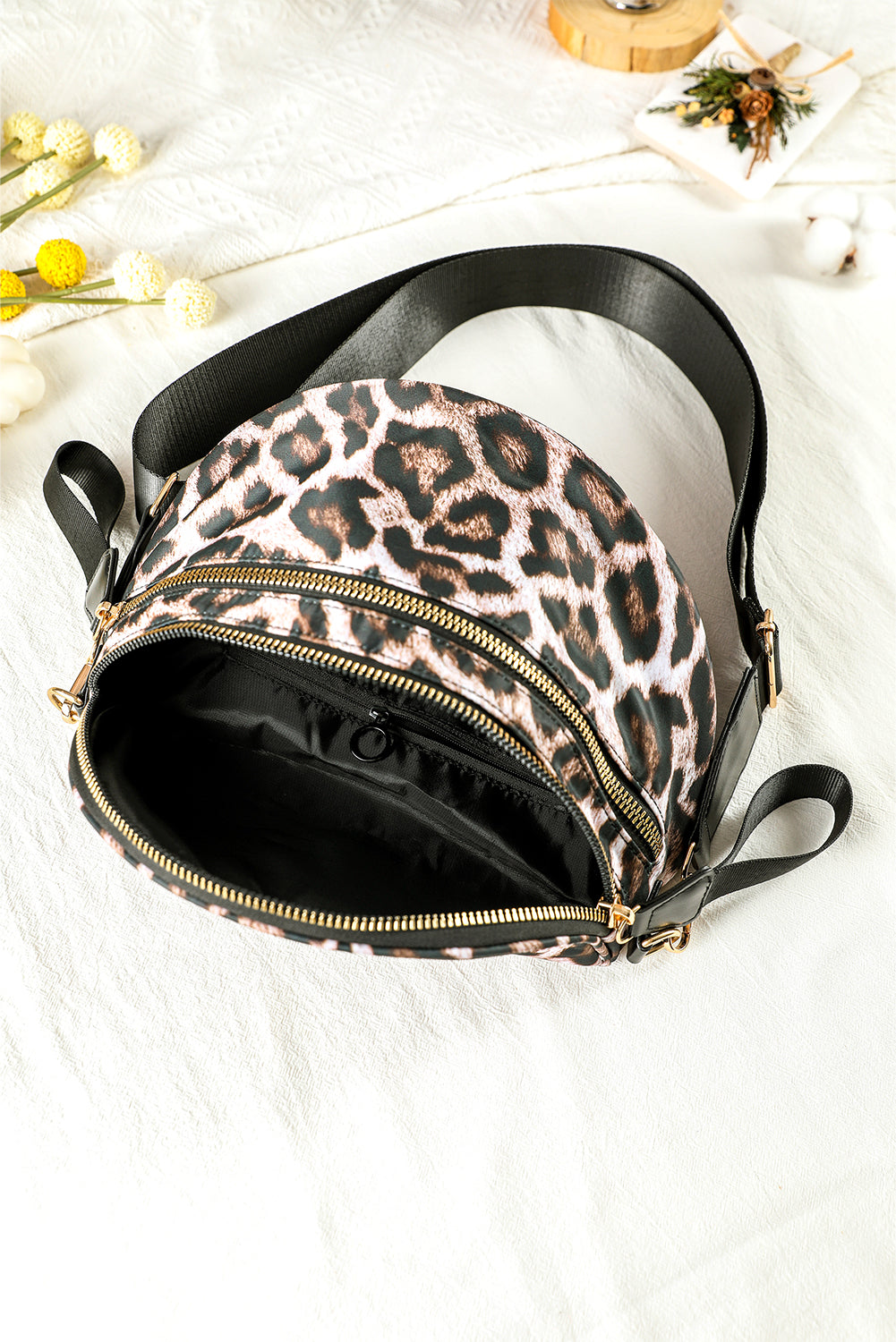 Coffee Leopard Print Double Zip Fashion Crossbody Bag