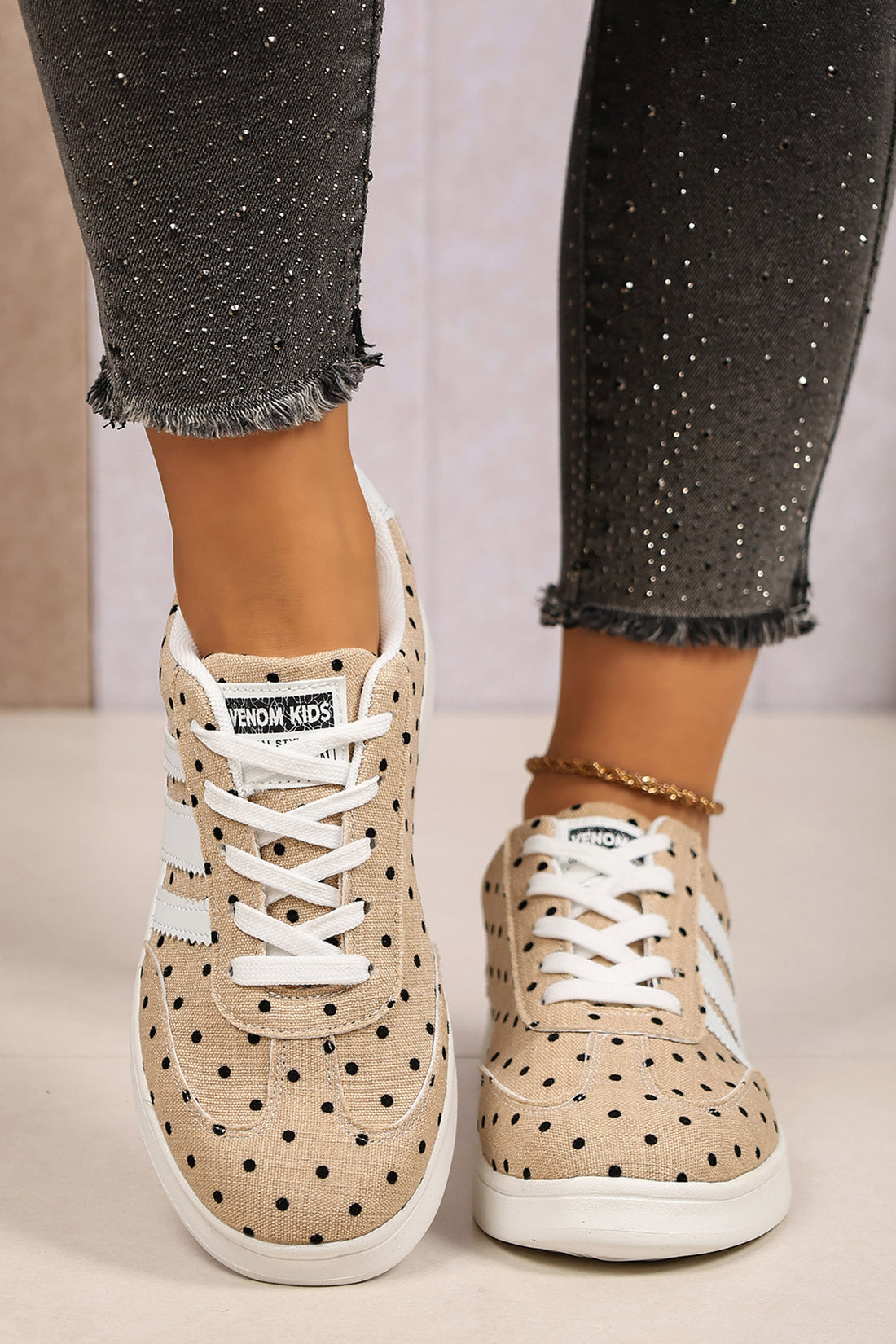 Camel Polka Dot Print PU Leather Detail Lace Up Casual Shoes