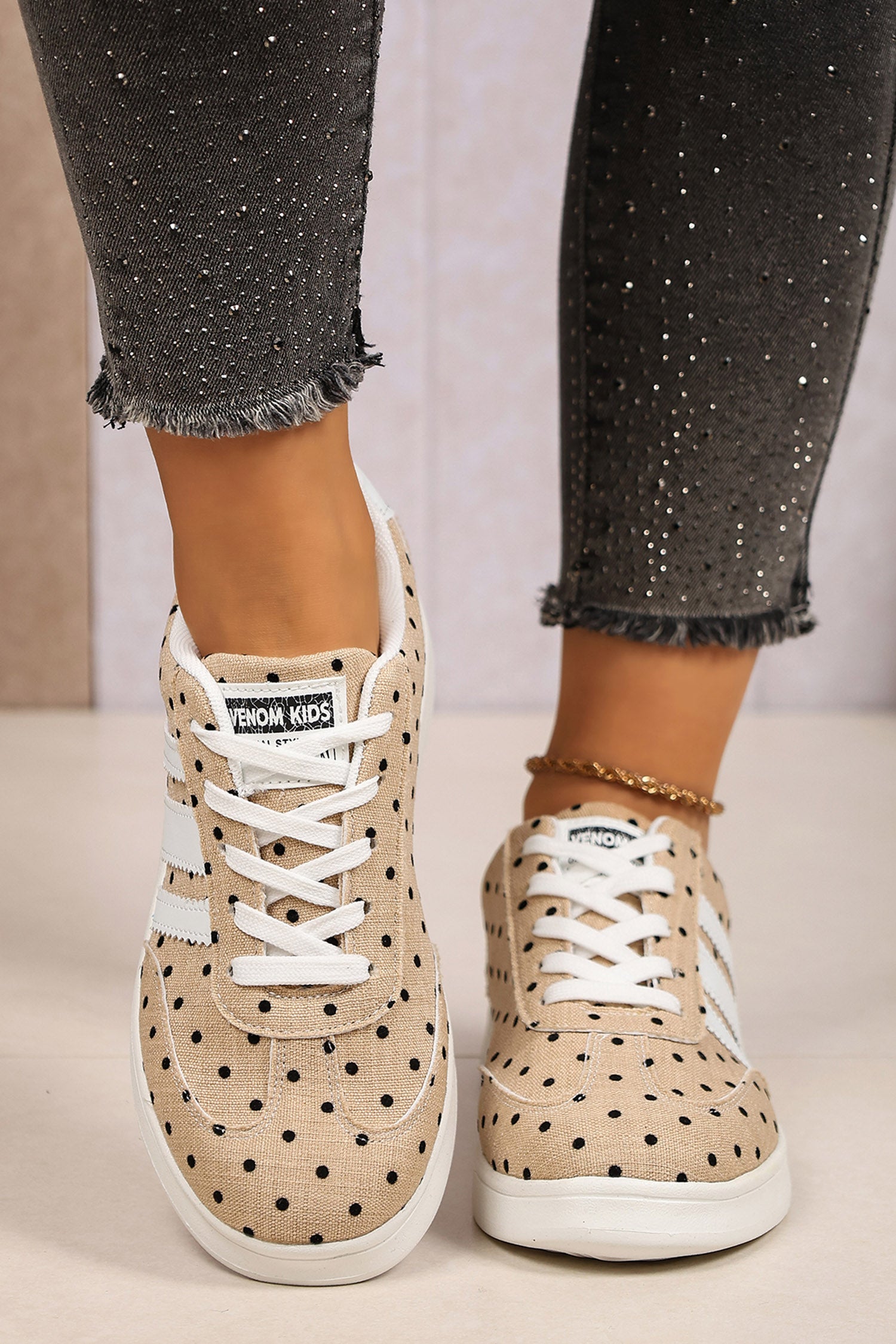 Camel Polka Dot Print PU Leather Detail Lace Up Casual Shoes