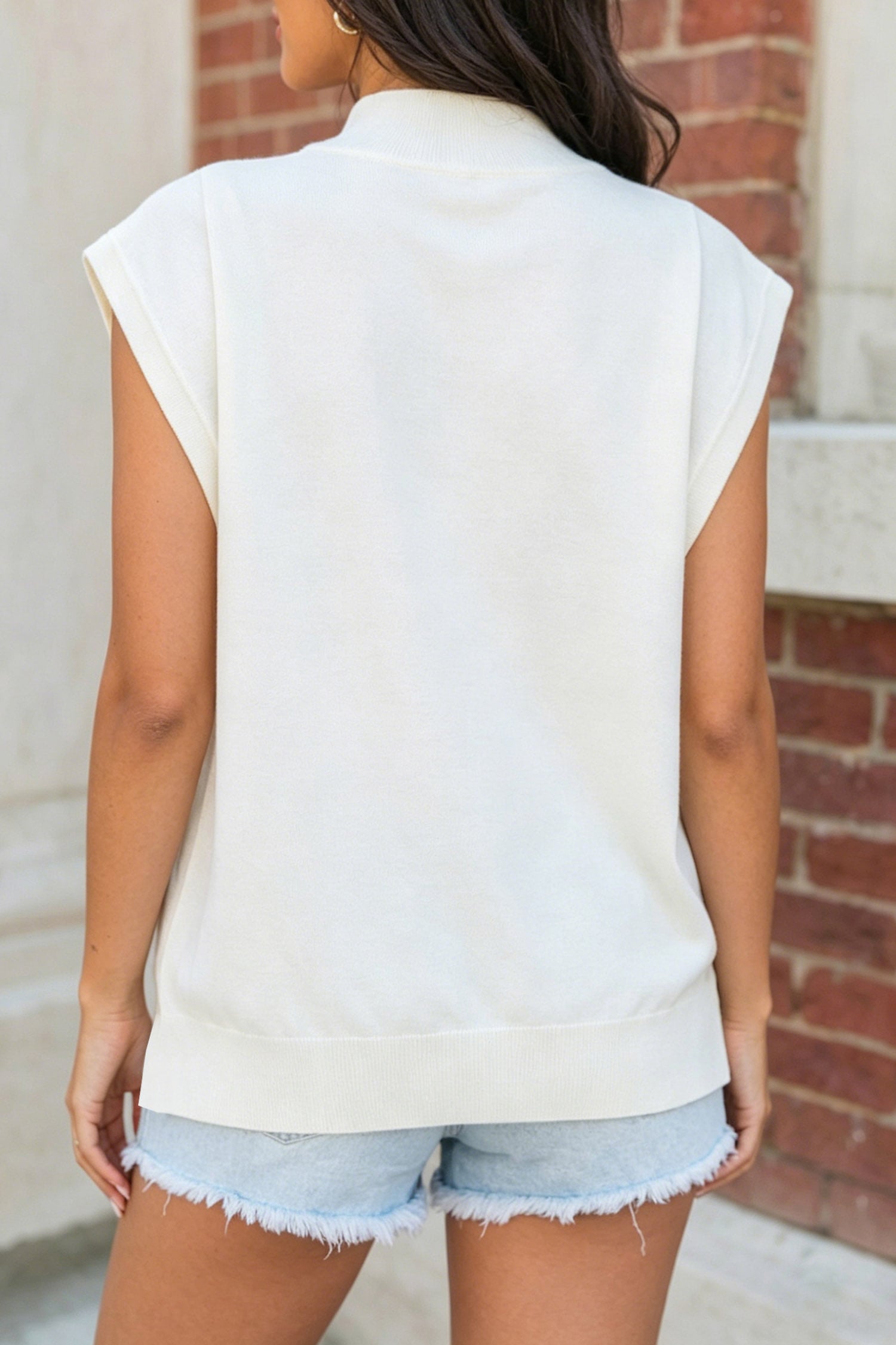 White Patchwork Rugby Print High Neck Cap Sleeve Game Day Top
