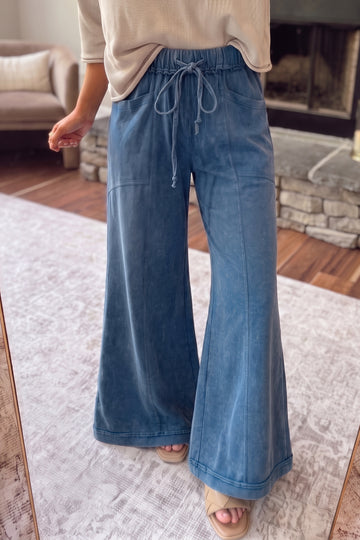 Ashleigh Blue Mineral Wash Seam Detail Flare Leg Drawstring Pants